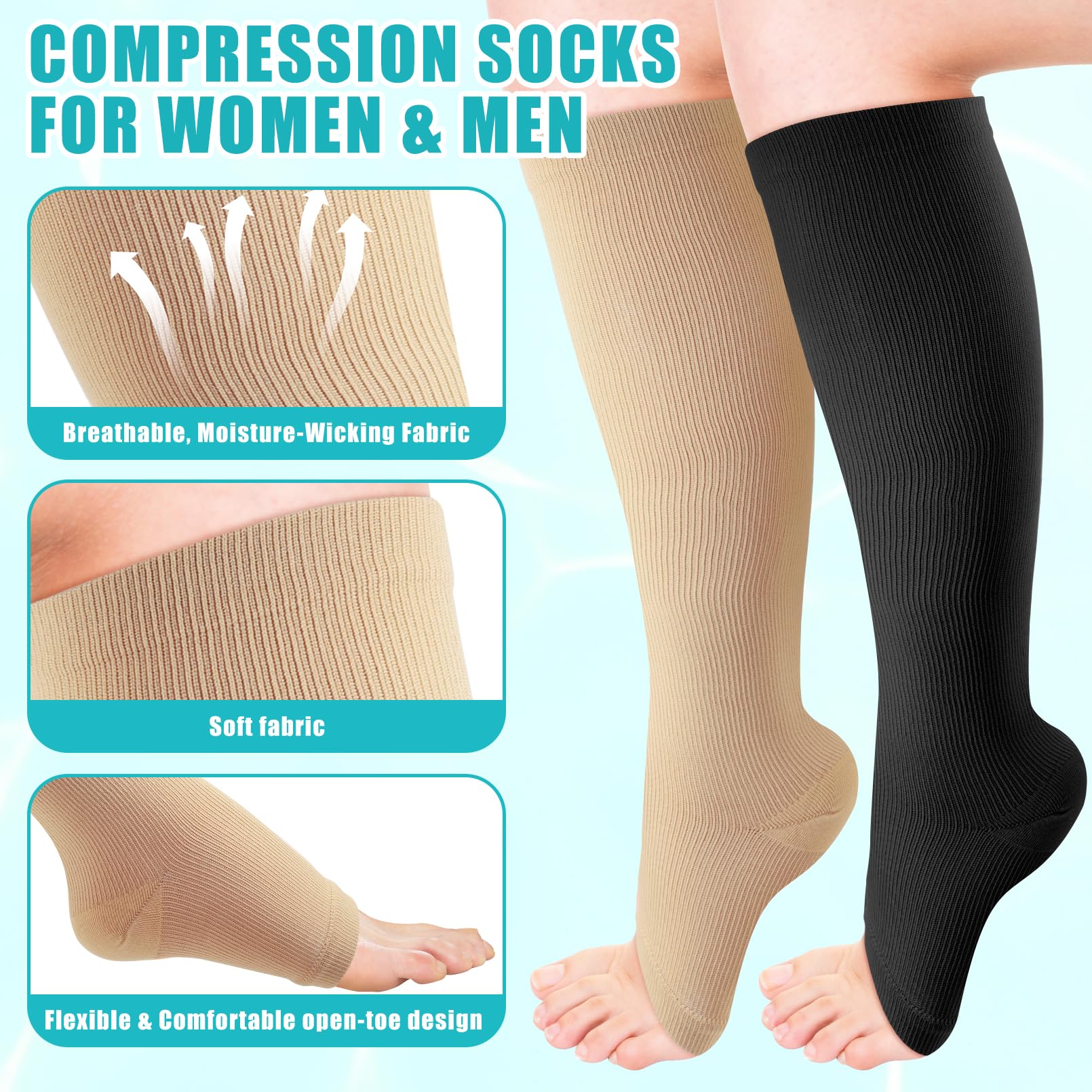 4 Pairs Open Toe Compression Socks 15-20 mmHg - Knee High Toeless Compression Stockings for Women & Men - Circulation Support Socks for Travel, Running & Recovery