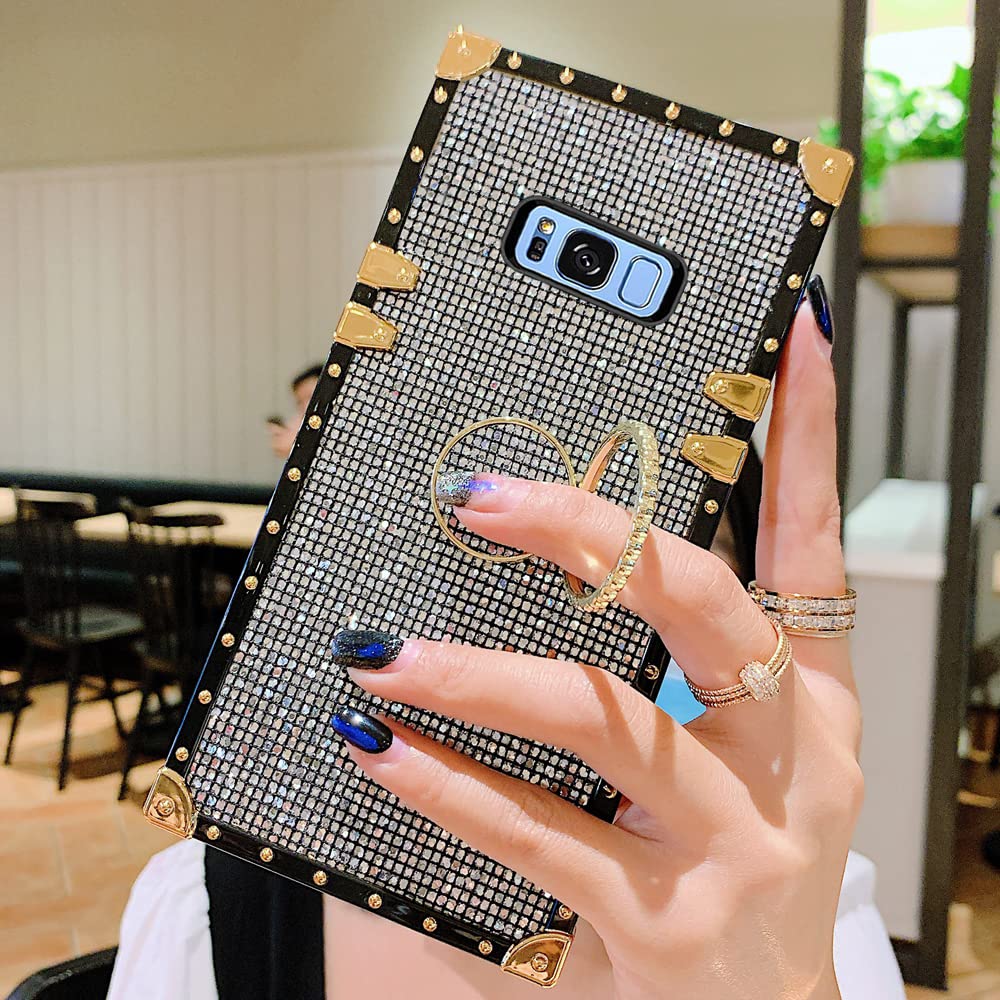 Luxury Bling Glitter Sparkle Cute Gold Corner Soft Shock-Absorption Phone Case for Samsung Galaxy S8 Plus with Strap - Black | Protective Cover for Everyday Use, Parties & Special Occasions