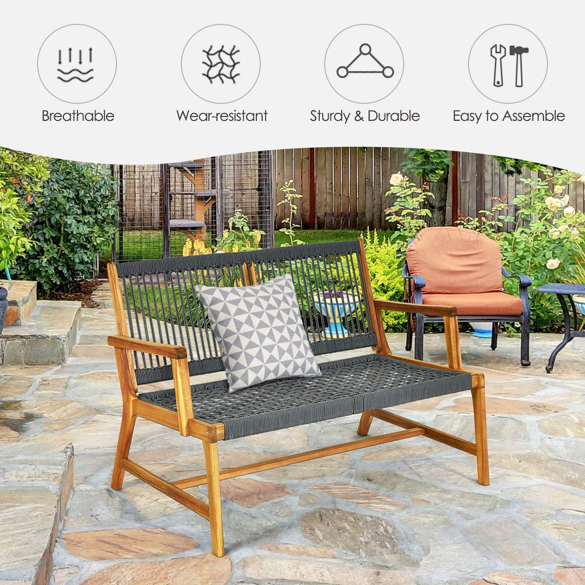 Tangkula 2-Person Acacia Wood Outdoor Bench Loveseat with Rope Design & Teak Oil Finish - Patio, Balcony, Deck, Poolside & Porch Seating (Grey) - Perfect for Garden Relaxation & Backyard Lounging