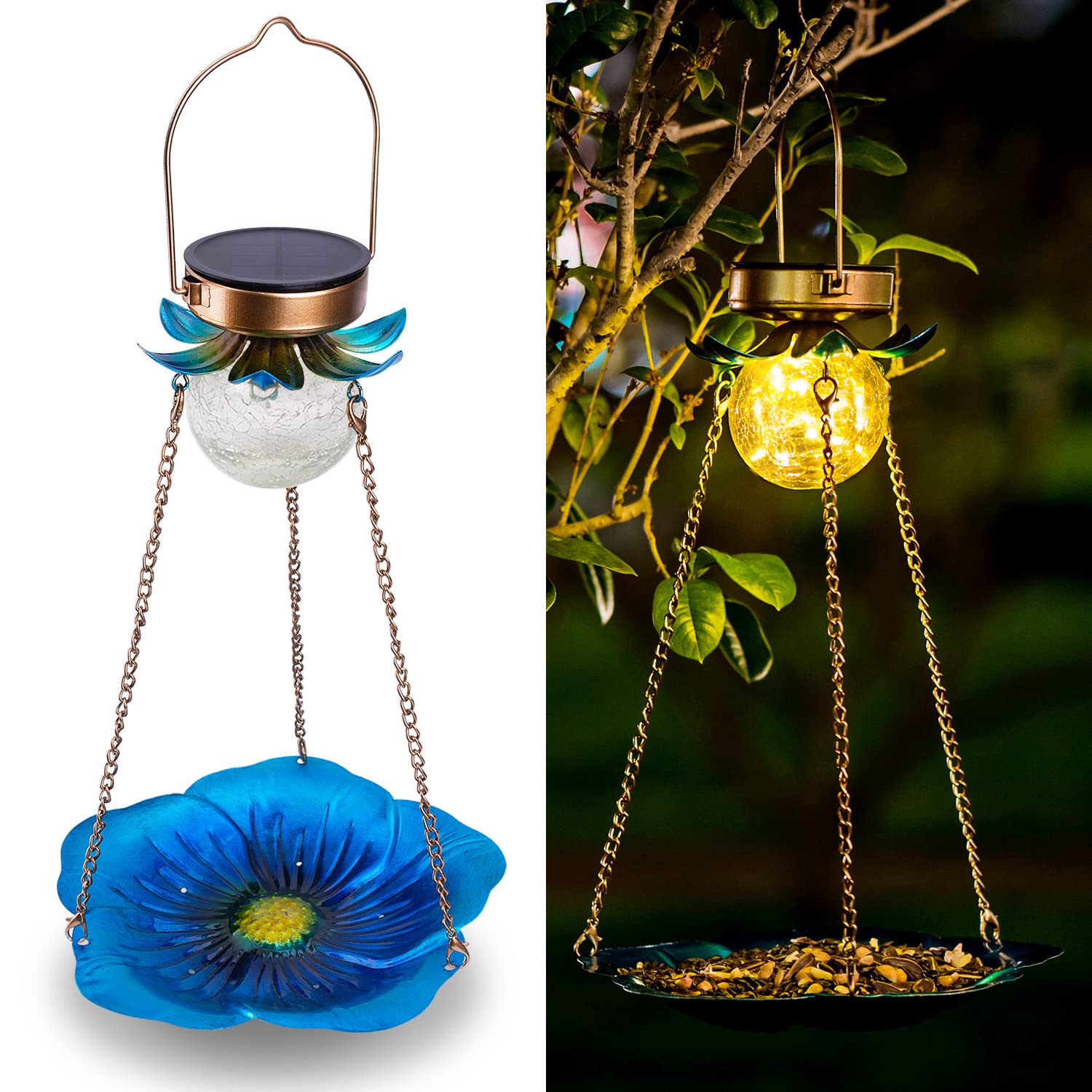 Solar Bird Feeder for Outdoors - Hanging Metal Wild Bird Feeder with Crackle Glass Ball Lights, Waterproof Garden Decor - Perfect Gift for Bird Lovers (Ideal for Backyard, Patio, and Garden Decoration)