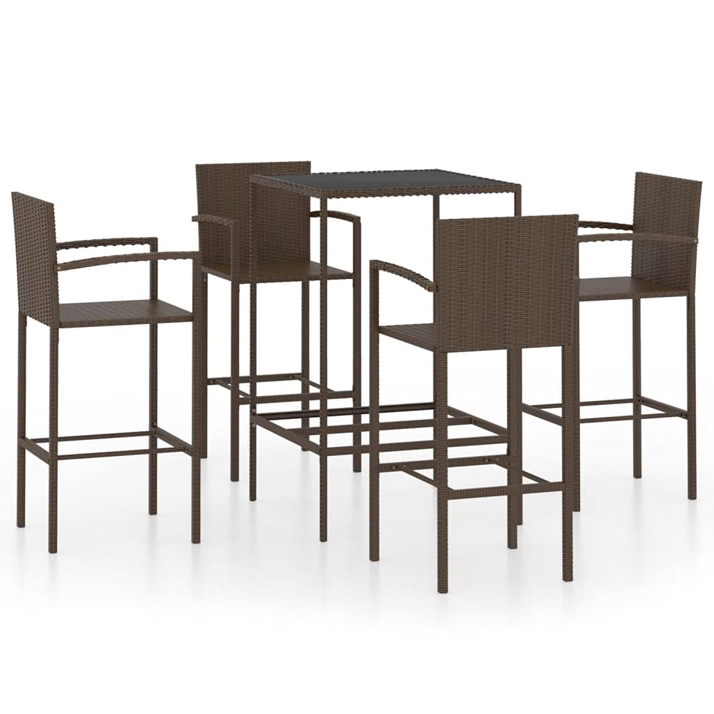 5-Piece Brown Poly Rattan Patio Furniture Set - Outdoor Garden Table & Chairs with Bar Stools - All-Weather Wicker Dining Set for Backyard, Deck, Poolside or Balcony