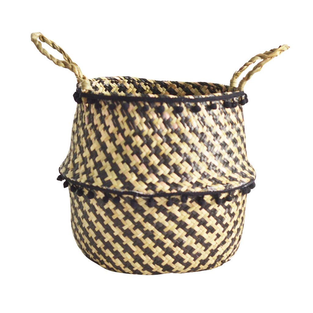 ihtha Seagrass Wicker Basket - Foldable Flower Pot Planter with Drainage Holes | Multi-Purpose Storage & Home Decor for Plants, Laundry, or Toys (Black, One Size) | Perfect for Indoor Gardening, Bathroom Organization & Nursery Decor