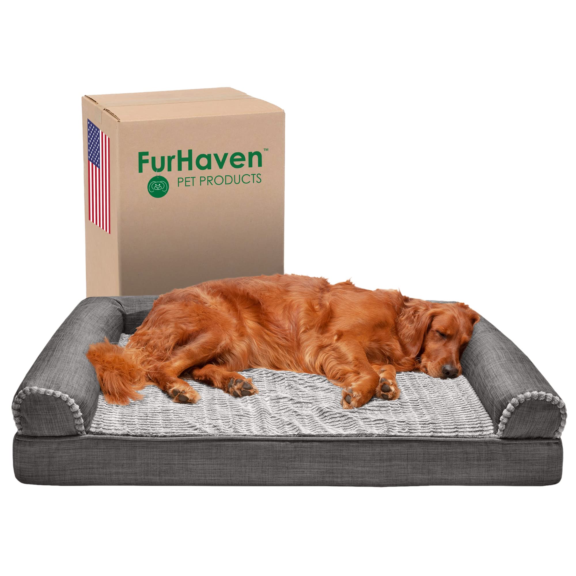 Furhaven Orthopedic Memory Foam Dog Bed for Large Dogs Up to 95 lbs - Removable Bolsters & Machine Washable Cover - Plush Faux Fur & Cooling Linen Sofa Style - Charcoal Grey (Jumbo/XL) - Perfect for Living Room, Bedroom or Pet-Friendly Office Spaces