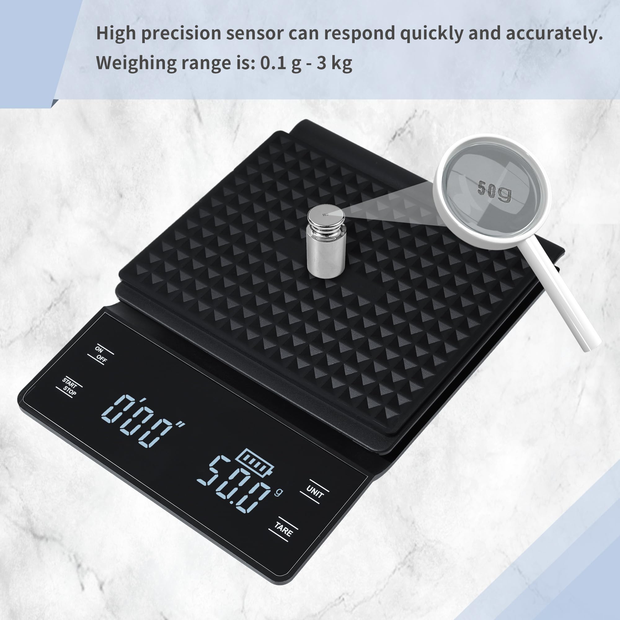 Bemece Digital Coffee Scale with Timer - 3kg/0.1g High Precision Kitchen Scale for Espresso, Pour Over & Drip Coffee - Backlit LCD Display, Includes Batteries - Perfect for Home Baristas & Coffee Shops