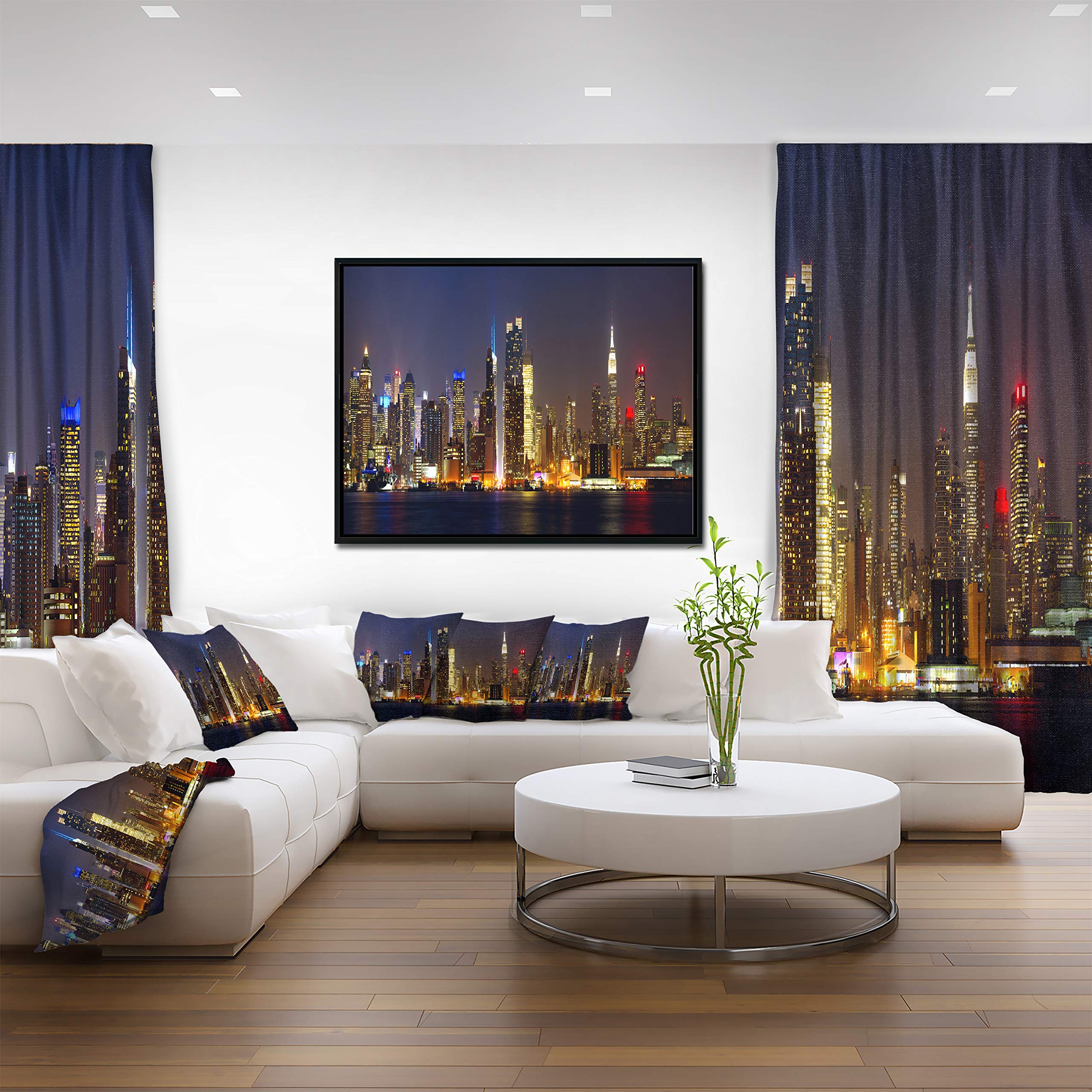 DesignArt New York Skyline at Night - Framed Cityscape Canvas Wall Art Print for Living Room, Bedroom & Office Decor