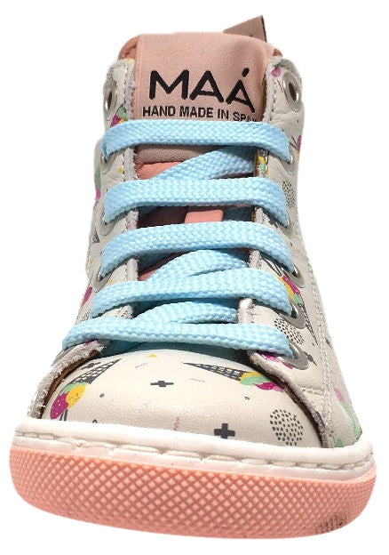 MAA Girls Grey Pastel Leather High Top Sneakers with Ice Cream Print - Cute Lace-Up Shoes for School, Casual Wear & Fashion Outfits