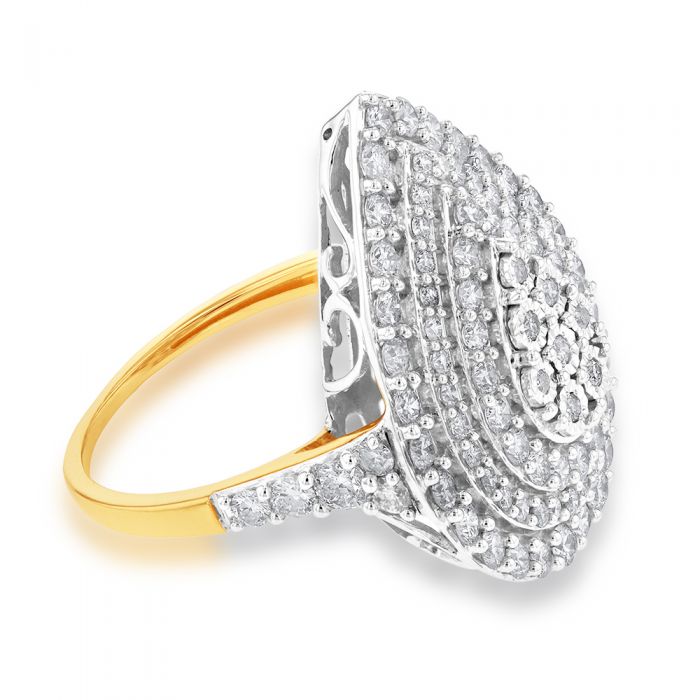 2 Carat Diamond Pear Shaped Cluster Ring - Sterling Silver & 9ct Yellow Gold Wedding Engagement Ring for Women - Perfect for Proposals, Anniversaries & Special Occasions