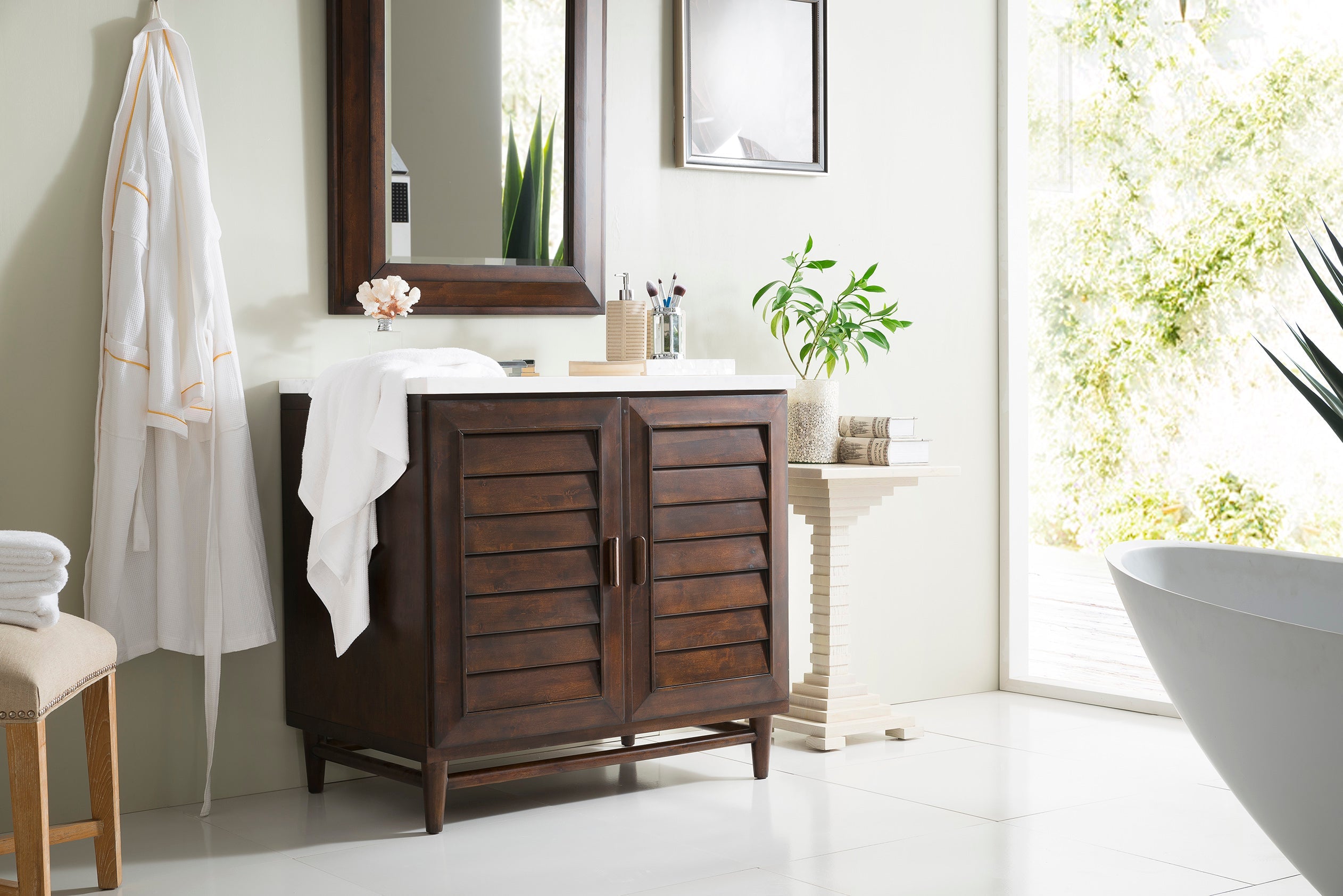 Portland 36 Inch Single Bathroom Vanity with Burnished Mahogany Finish & 3CM Classic White Quartz Countertop - Perfect for Modern Master Bathrooms and Powder Rooms