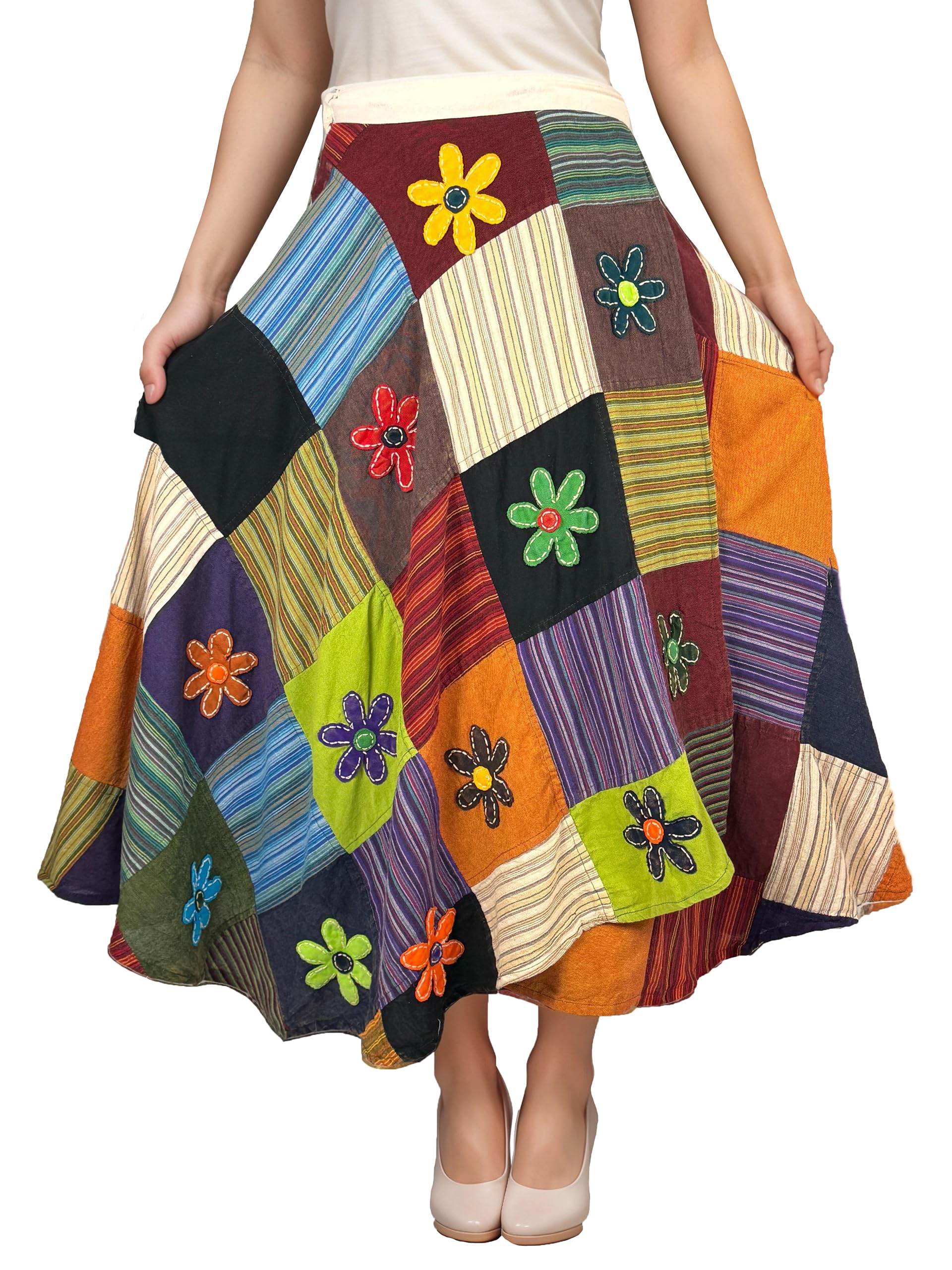 **Agan Traders Women's 2025 Spring & Fall Boho Maxi Skirt - High Waisted Long Skirt with Patchwork & Tie-Up Design, Bohemian Wrap Cover Up for Casual Outings, Beach Vacations & Festivals**