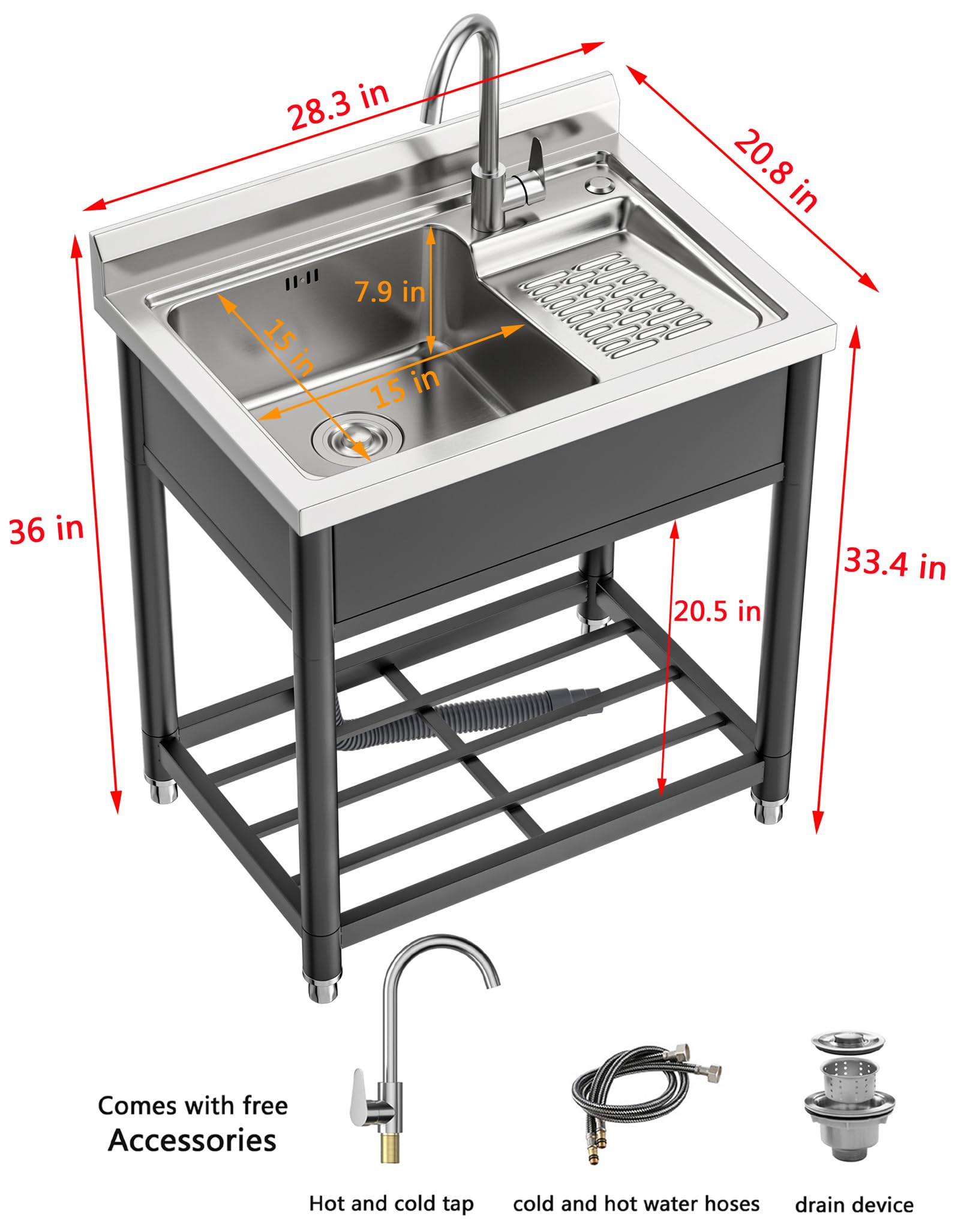 Stainless Steel Utility Sink with Washboard | Free Standing Laundry Tub Sink | Hot & Cold Water Faucet | 20.8