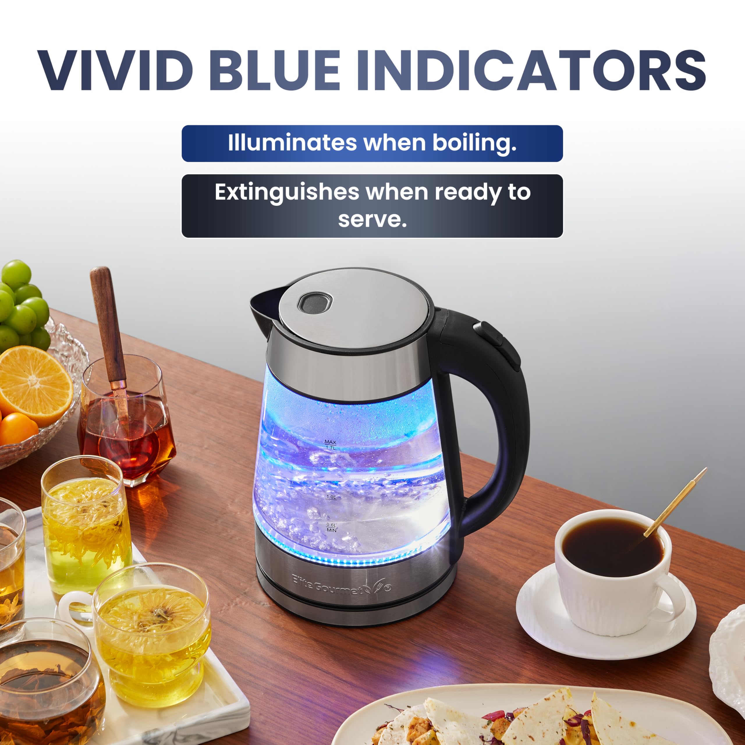 Elite Gourmet EKT-602 Electric Glass Kettle - BPA-Free, 360° Cordless Base, Blue LED Light, Auto Shut-Off - Fast Boiling for Tea, Coffee & Hot Drinks - Perfect for Home, Office & Dorm Use