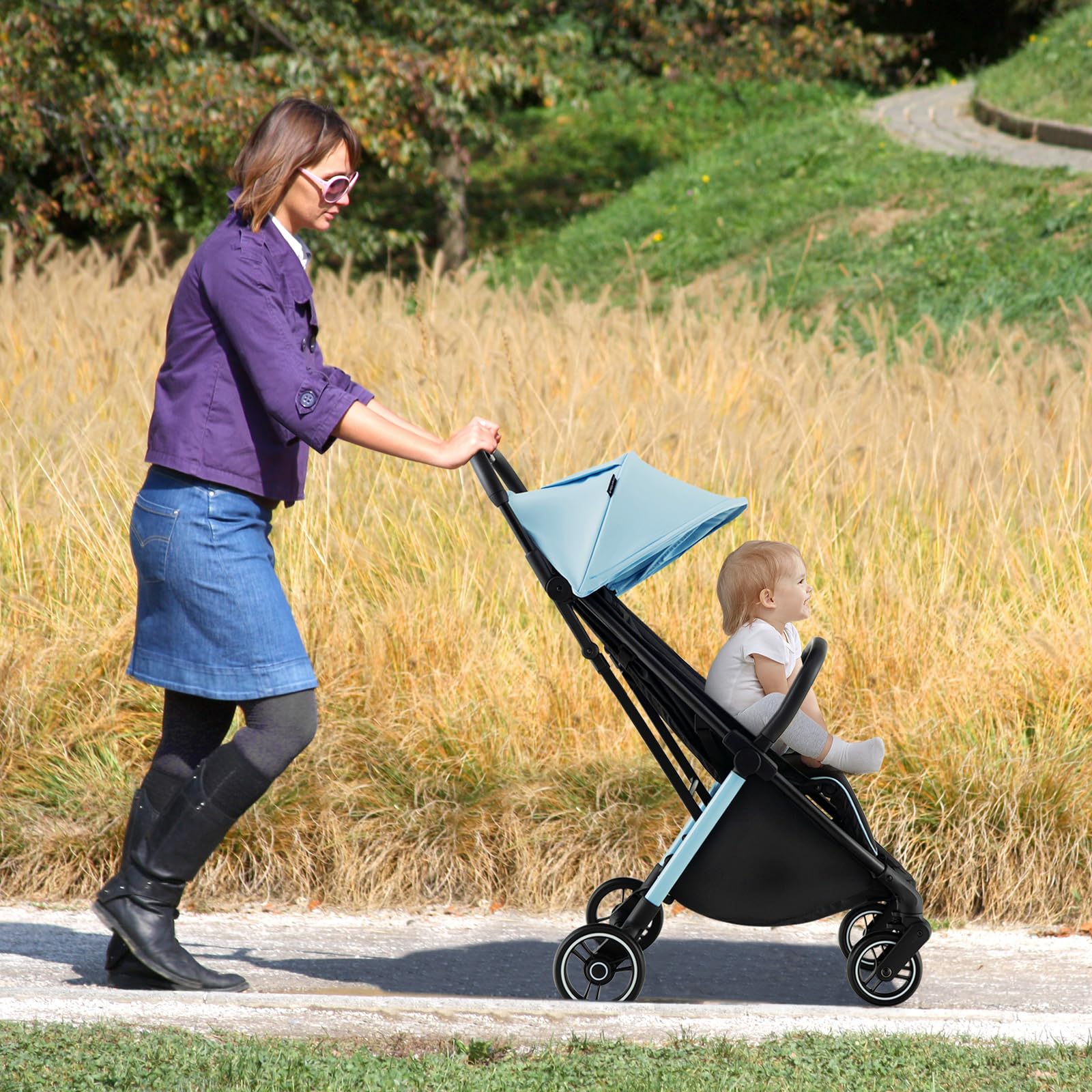 HONEY JOY Lightweight Baby Stroller - Compact Travel Stroller for Airplane, Fits in Cabin & Overhead Bin | One-Hand Gravity Fold, Self-Standing Toddler Stroller with Adjustable Backrest & Canopy (Blue) | Perfect for Air Travel, Shopping, and Daily Walks
