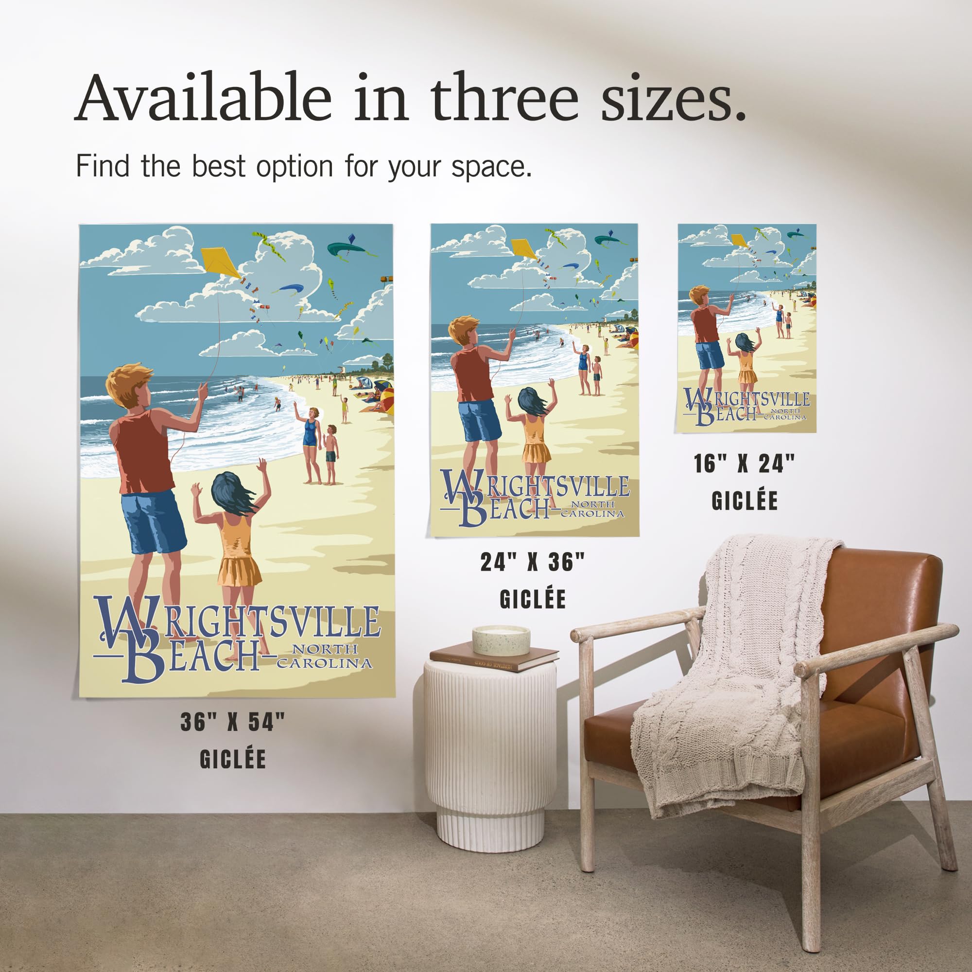 Lantern Press 16x24 Inch Giclee Art Print - Wrightsville Beach North Carolina Coastal Landscape with Kite Flyers - Wall Decor for Living Room, Bedroom & Office