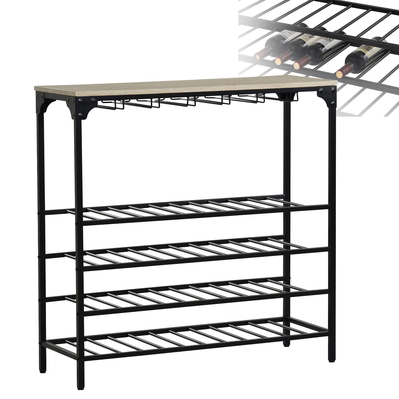 Rustic 5-Tier Metal Floor Standing Wine Rack - Holds 40 Bottles with Glass Holders - Free Standing Kitchen & Dining Room Wine Organizer Shelf - Light Brown - Perfect for Home Bars, Wine Cellars & Entertaining Spaces