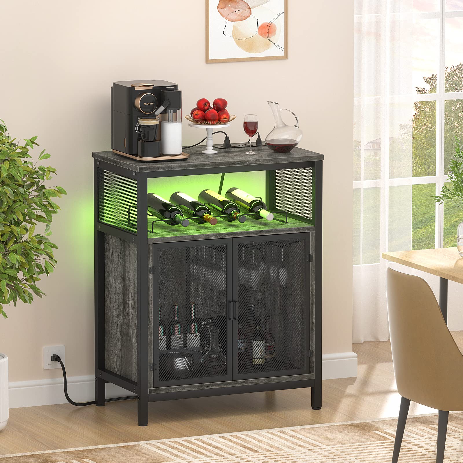 Unikito Modern Wine Bar Cabinet with RGB LED Lighting & Built-in Outlet - Freestanding Wine Rack Table with Glass Holder - Black Oak Floor Bar Cabinet for Home, Kitchen & Dining Room - Perfect for Entertaining Guests & Storing Liquor Bottles