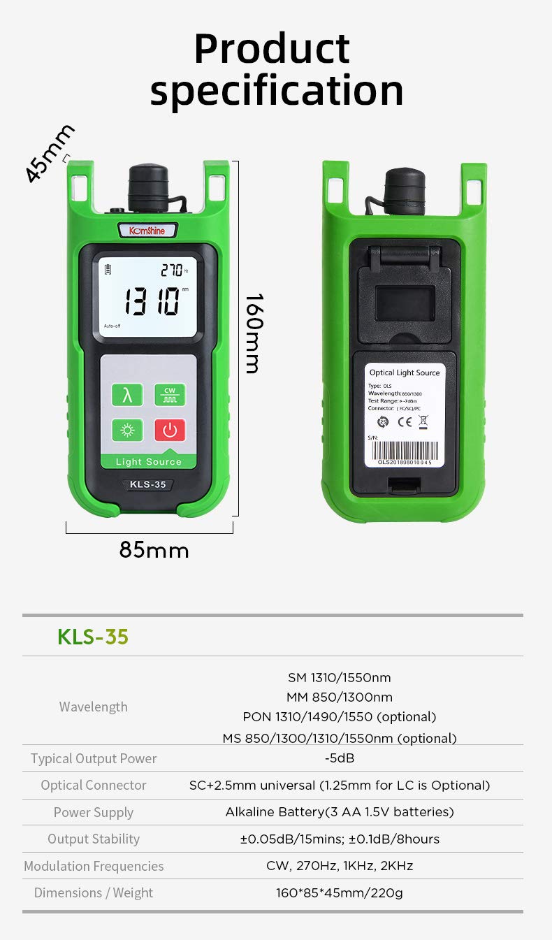 Komshine KLS-35 Multimode 850/1300nm Fiber Optic Light Source - FTTx CATV Network Loss Tester for Telecommunications & Data Center Testing
