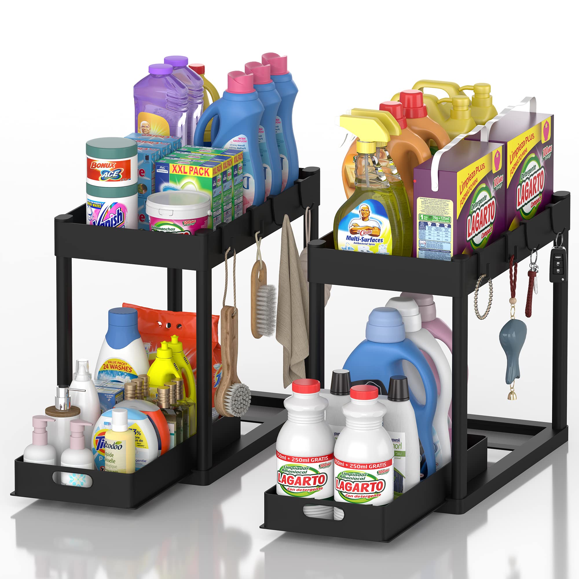 2-Tier Under Sink Organizer with Sliding Drawers & Pull-Out Baskets - Space Saving Kitchen & Bathroom Storage Shelf with Hooks - Perfect for Small Cabinets, Countertops & Vanities (Black, 2-Pack)