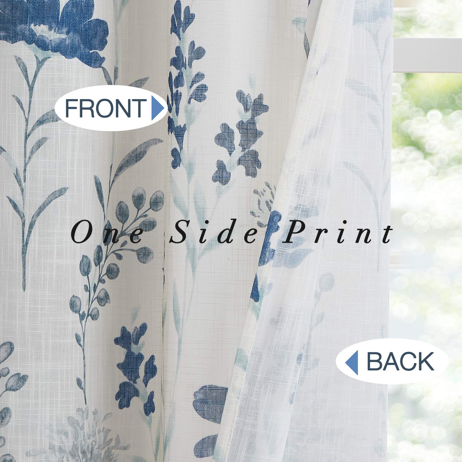 July Joy Printed Sheer Linen Curtains - Floral Leaf Design Farmhouse Style Window Drapes with Grommet Top, 52 x 54 Inch, Navy Blue - Perfect for Living Room, Bedroom & Dining Room Decor