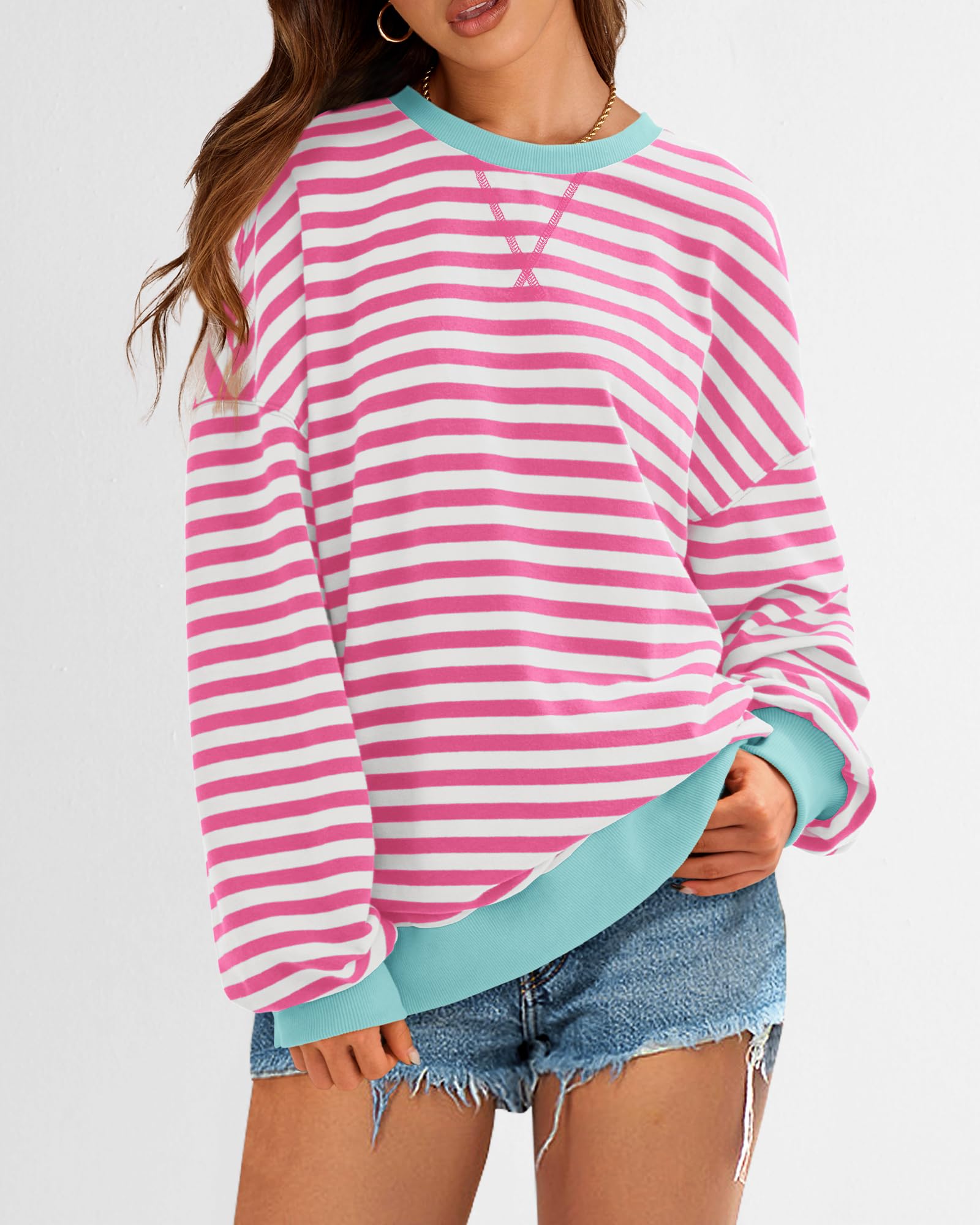 BTFBM Women's Striped Pullover Sweatshirt - Soft Long Sleeve Crewneck Y2K Style Loose Fit Fall Fashion 2025 | Casual Outfits, Streetwear, Layering for Cool Weather