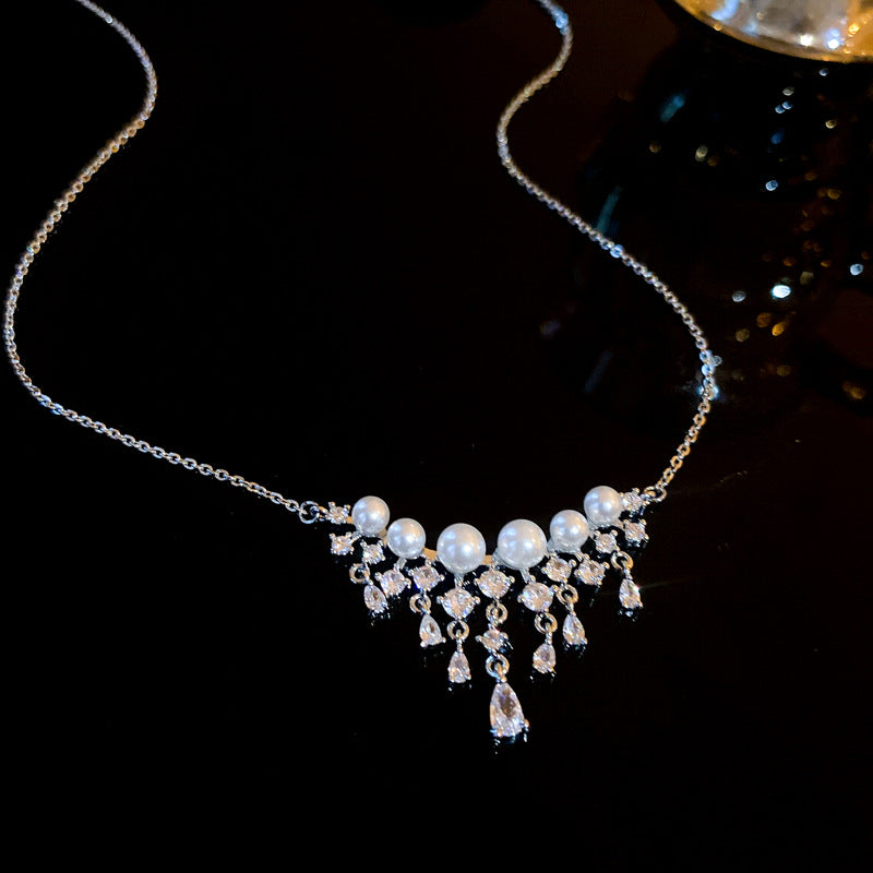 Elegant Pearl Waterfall Necklace with Sparkling Teardrop CZ Stones | R0308 | Perfect for Weddings, Parties & Special Occasions