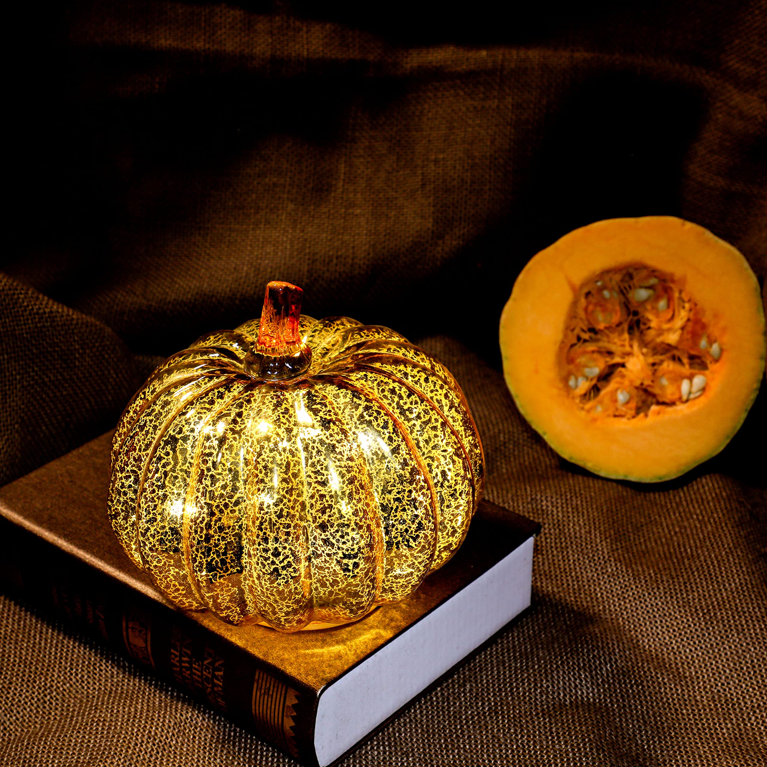Romingo Set of 3 Halloween Mercury Glass Pumpkin Lights with Timer - Gold Fall & Thanksgiving Decor for Home, Porch, and Party Decoration