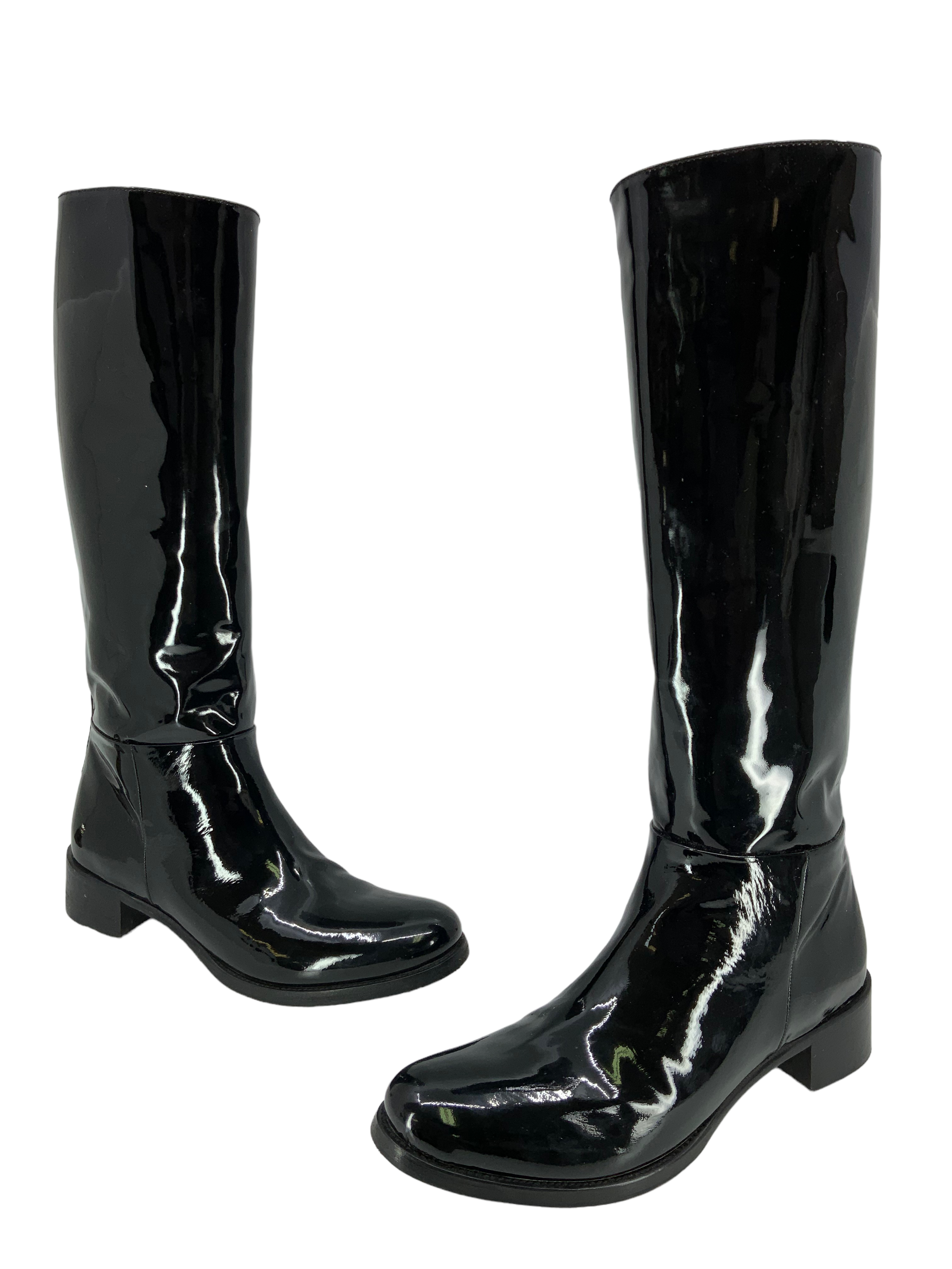 PRADA Patent Leather Mid Calf Boots Women's Size 6.5 - Stylish Knee High Fashion Boots for Office, Party & Winter Outfits