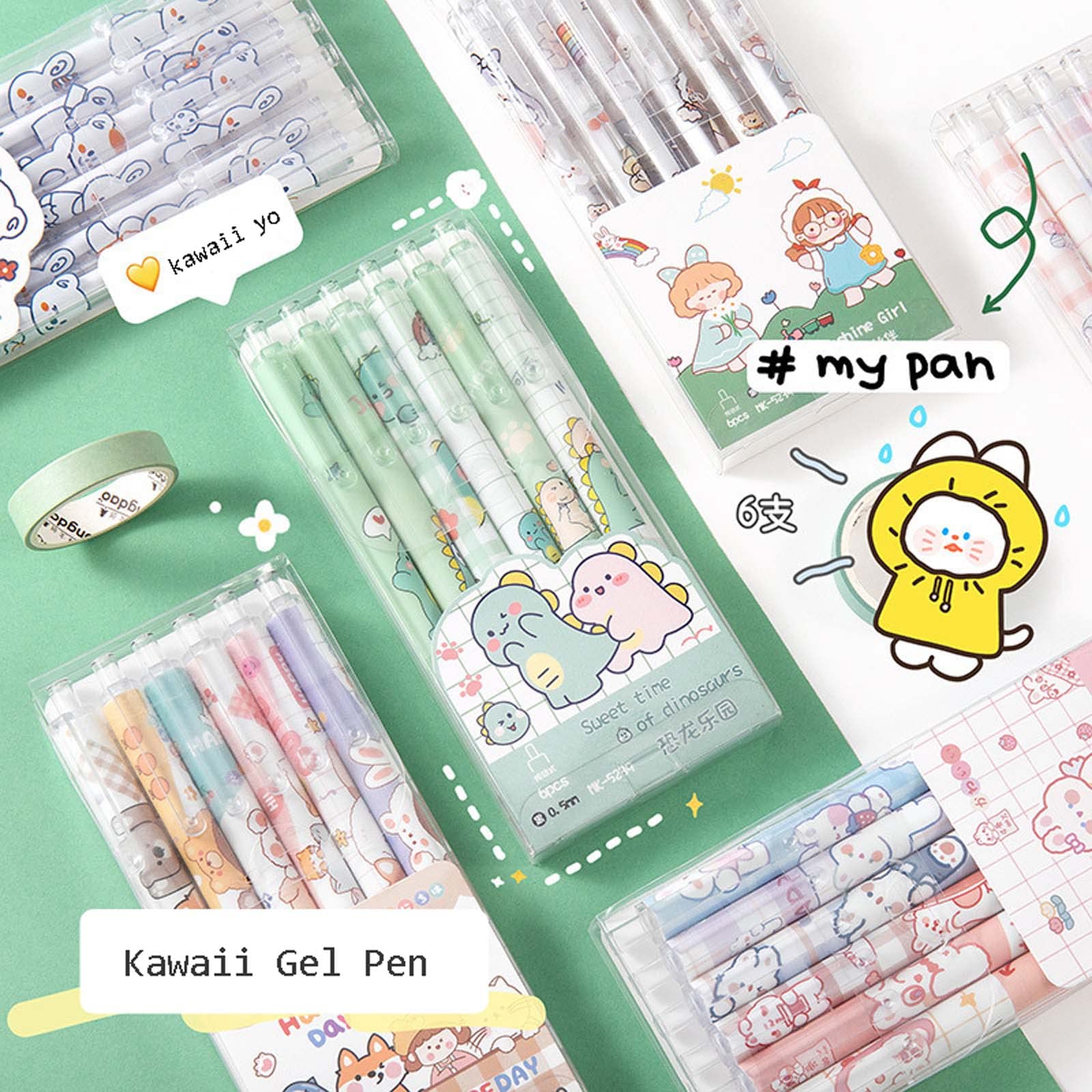 Kawaii Cartoon Gel Pen 0.5mm - 6 Pack Black Writing Pens for School & Office
