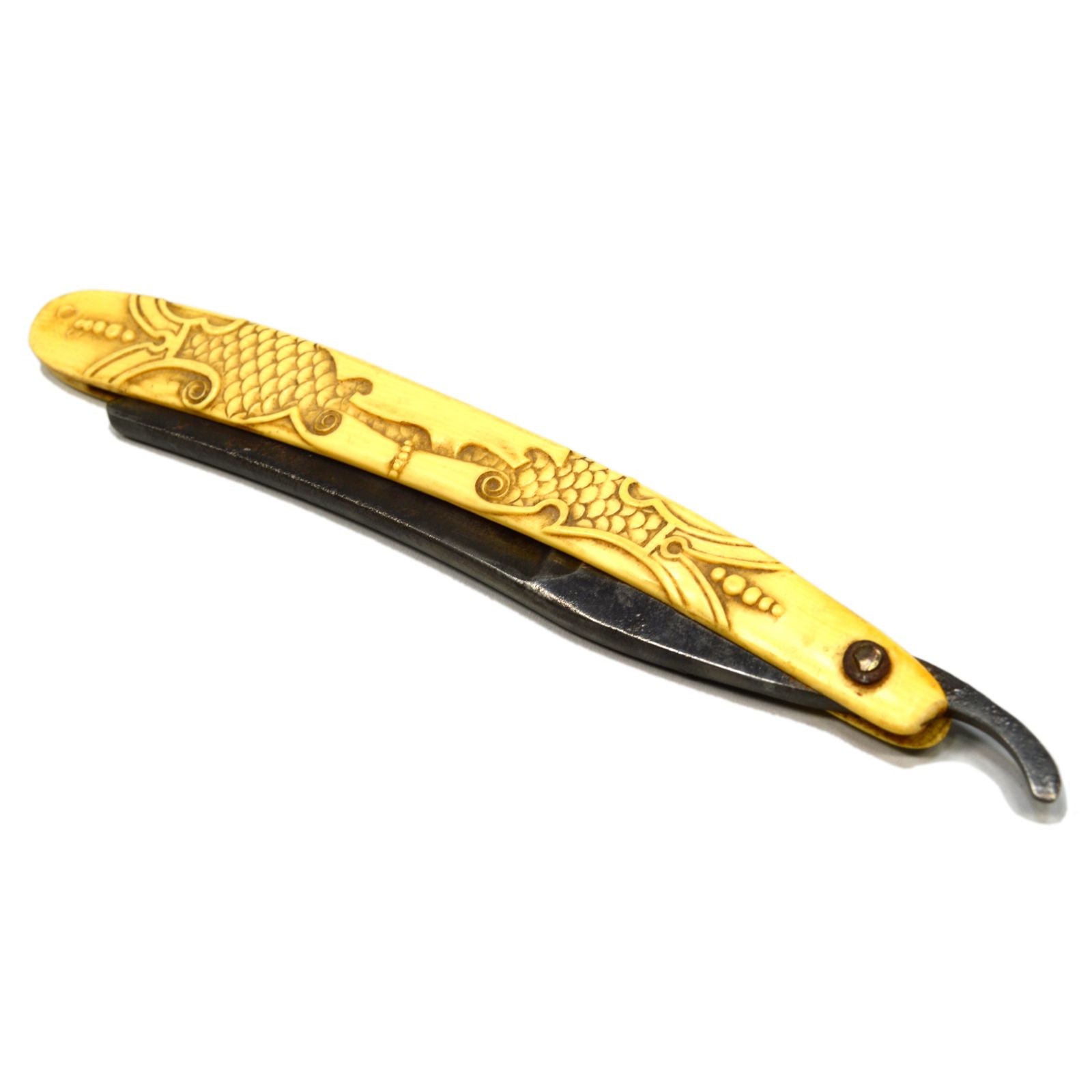 Vintage WADE & BUTCHER Straight Razor with Ornate Carved Bone Scales - Sheffield Steel Shaving Knife - Rare Collectible Barber Tool for Classic Wet Shaving & Grooming