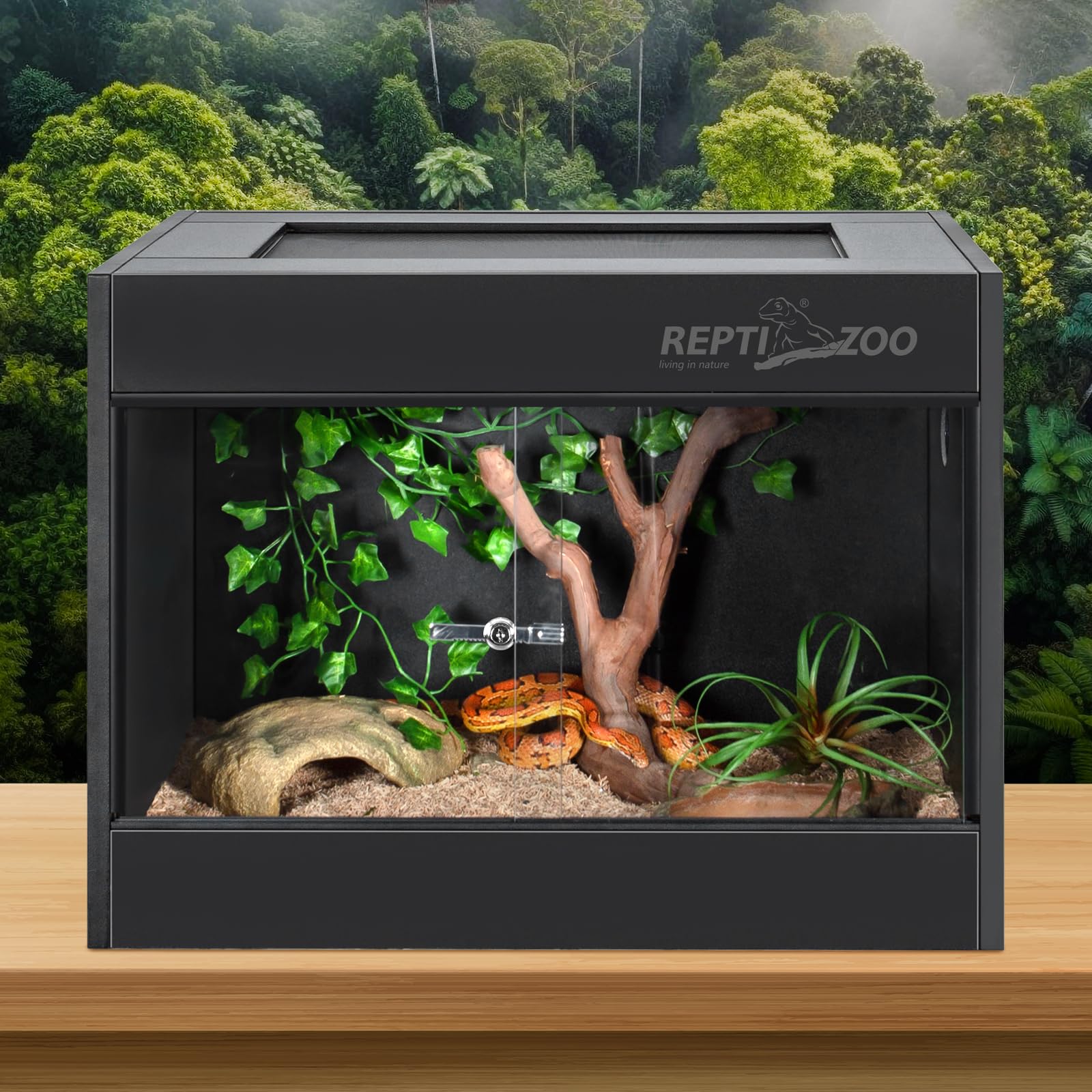 REPTI ZOO 34 Gallon PVC Reptile Terrarium Tank - 24x18x18 Inch Leopard Gecko Enclosure with Glass Sliding Door & Top Screen Ventilation - Ideal for Bearded Dragons, Hermit Crabs, Lizards & Small Reptiles - Perfect for Home, Classroom or Office Habitat Setup