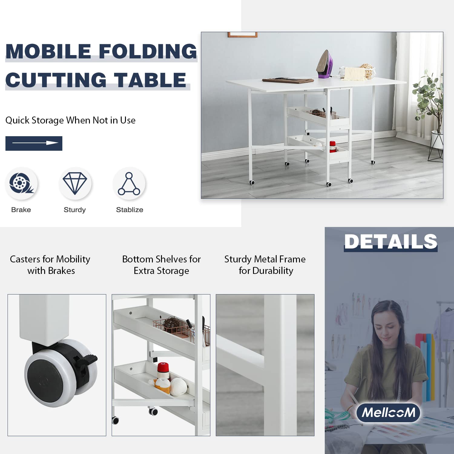 MELLCOM Mobile Folding Craft Table with Storage Shelves - 35.5in Height Adjustable Sewing Table for Fabric Cutting, DIY Projects & Home Office - Perfect for Sewing Rooms, Craft Rooms & Small Spaces