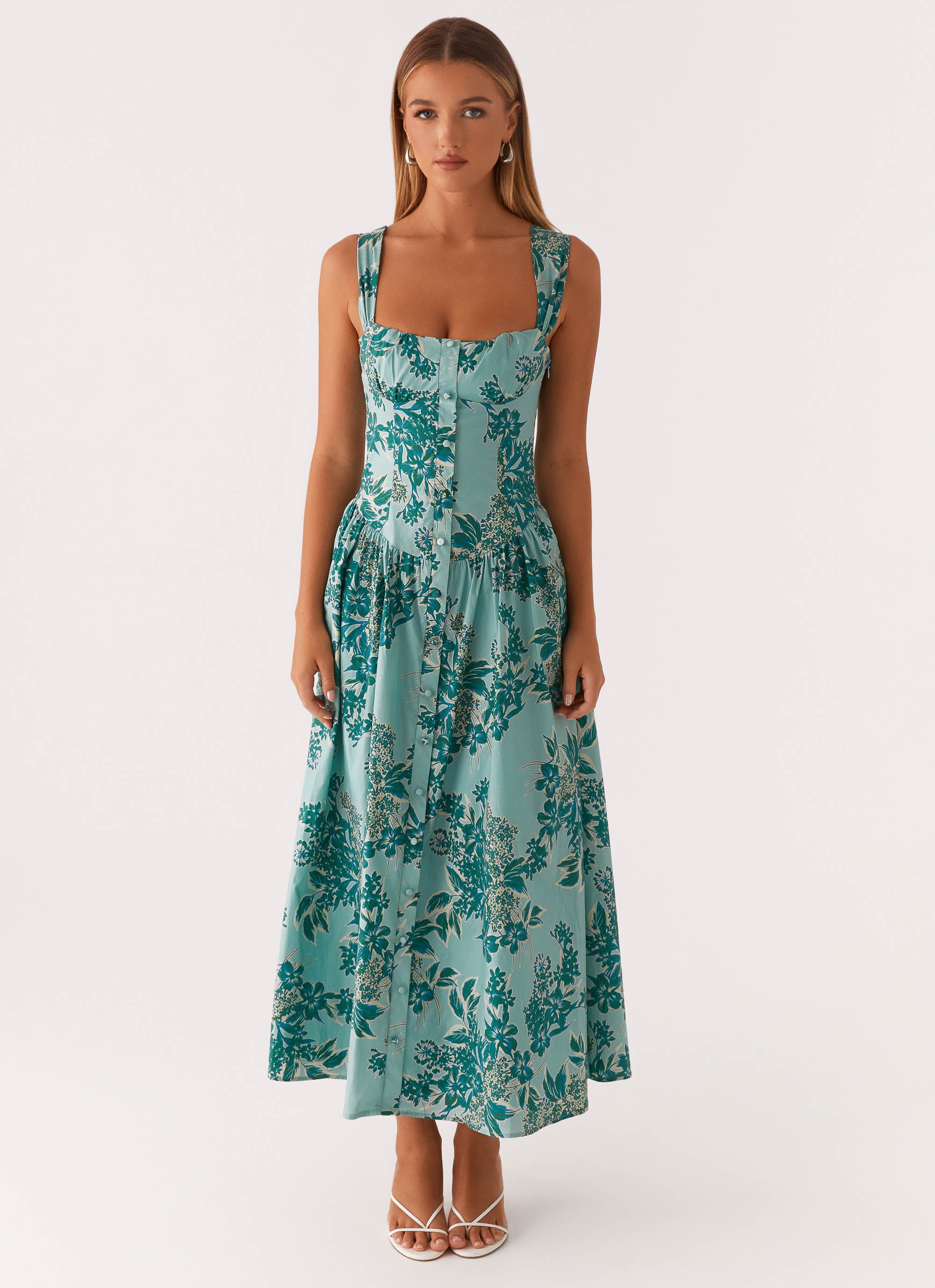 Emmalina Floral Midi Dress - Elegant Cloud Nine Print for Women | Perfect for Summer Weddings, Garden Parties & Casual Outings