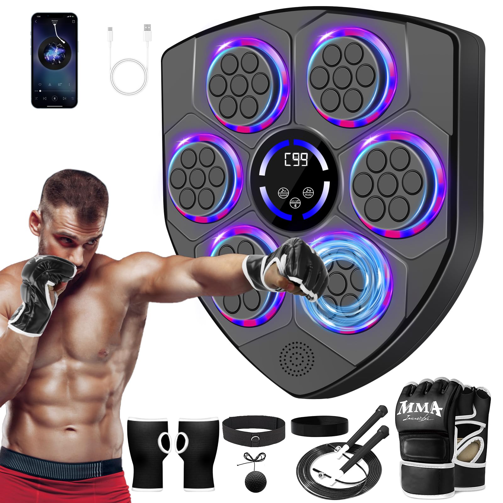 Music Boxing Machine for Kids, Teens & Adults - Boxing Trainer Equipment with Gloves | Wall-Mounted LED Electronic Focus Training for Home, Office & Gym | Perfect for Fitness, Stress Relief & Cardio Workouts