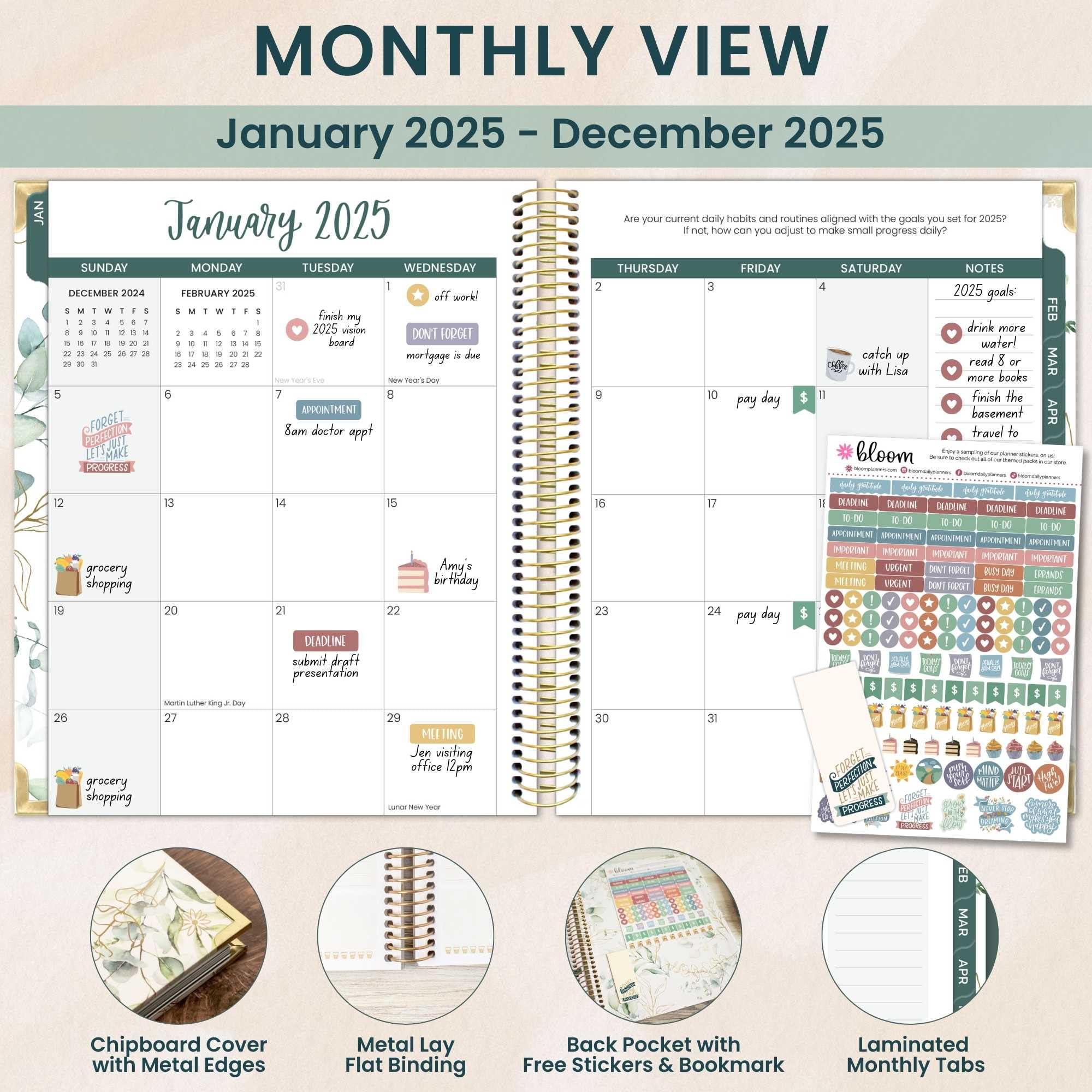 Bloom 2025 Hardcover Goal & Vision Planner - January to December 2025 Monthly/Weekly Organizer - 7.5