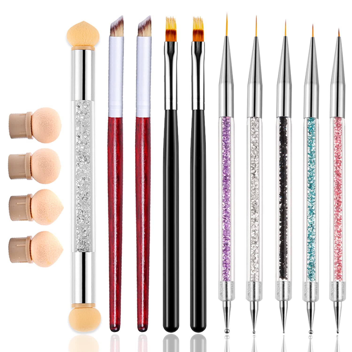 WOKOTO 10 Pcs Professional Nail Ombre Brushes Kit for Acrylic Nails - Includes 5 Sizes Gradient Brushes, 2 Way Liner Brushes, Dotting Tools & 4 Nail Sponges - Perfect for Salon, Home Manicure & Nail Art Designs