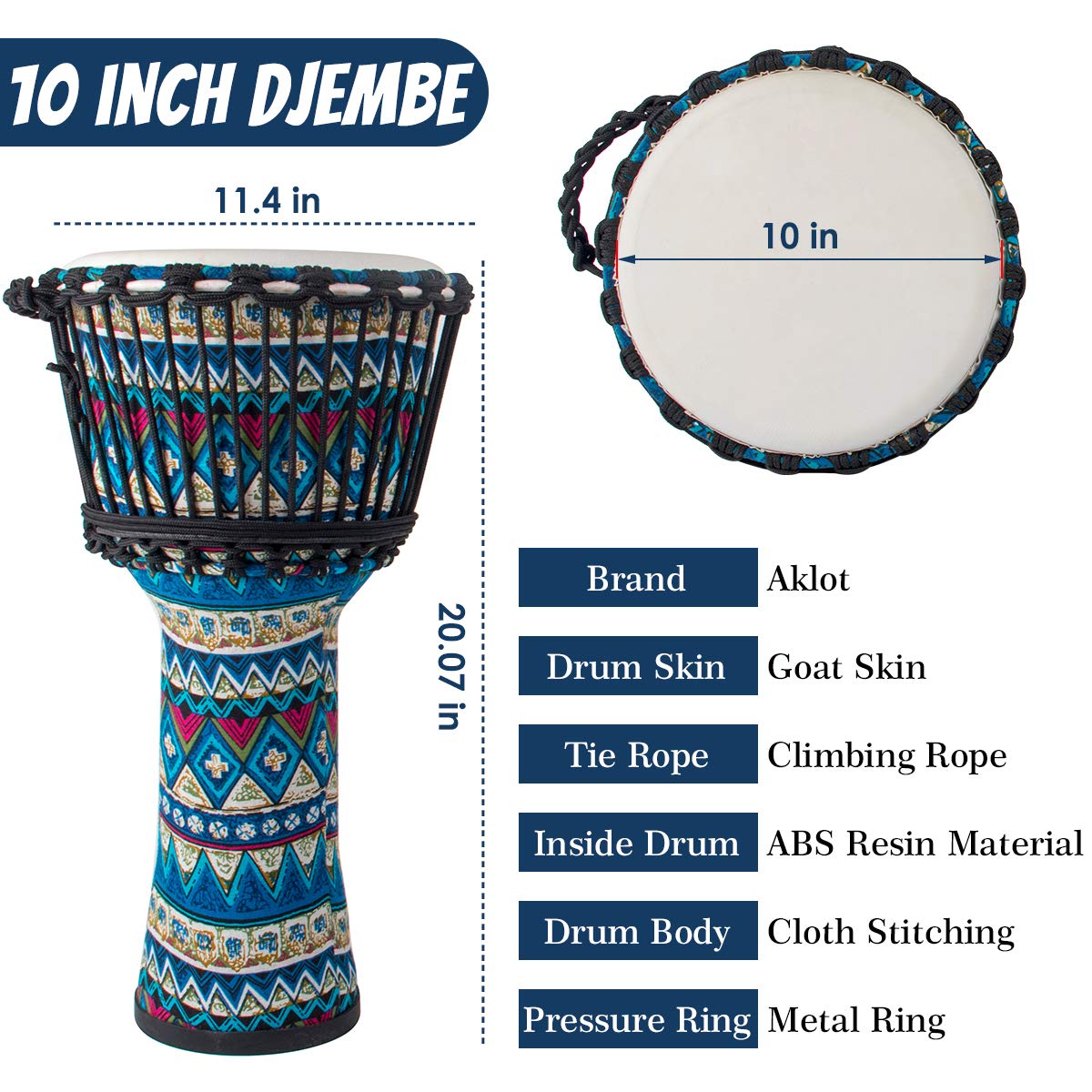 AKLOT 11'' x 20'' African Djembe Drum with Blue Floral Design - Lightweight ABS Resin Body & Goatskin Drumhead - Perfect for Beginners, Yoga Classes, Drum Circles & Cultural Performances