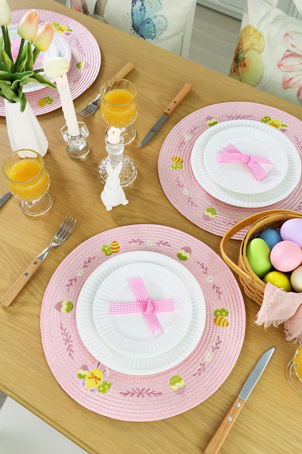 Round Easter Placemats Set of 4 - Pink Bunny Table Mats for Dining, Spring Decor, Easter Egg Design - Perfect for Holiday Parties, Family Gatherings & Seasonal Home Decor