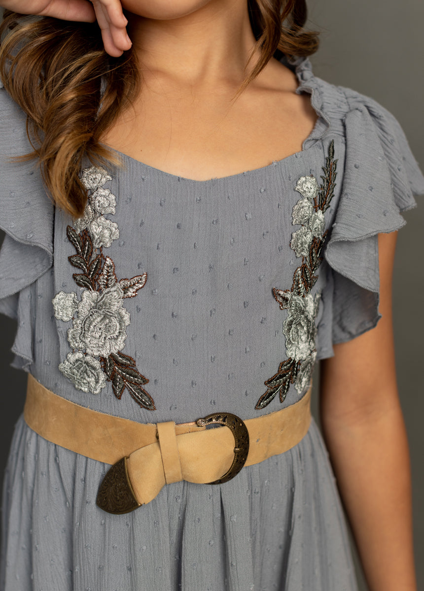 Dewi Women's Dusty Blue Flowy Midi Dress - Elegant Casual & Party Wear for Summer, Weddings, and Special Occasions