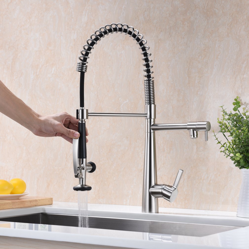 Commercial Heavy Duty Spring Single Handle Brass Kitchen Faucet with Pull Down Sprayer & Pot Filler, Stainless Steel Brushed Nickel for Modern Kitchens and Restaurants