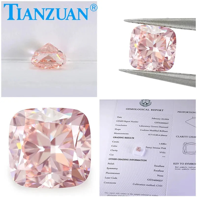 Lab Grown CVD Cushion Cut Fancy Intense Pink Diamond - VVS1/VS1/VS2 Clarity, 2EX Cut, GEMID Certified Loose Gemstone for Engagement Rings & Jewelry Making