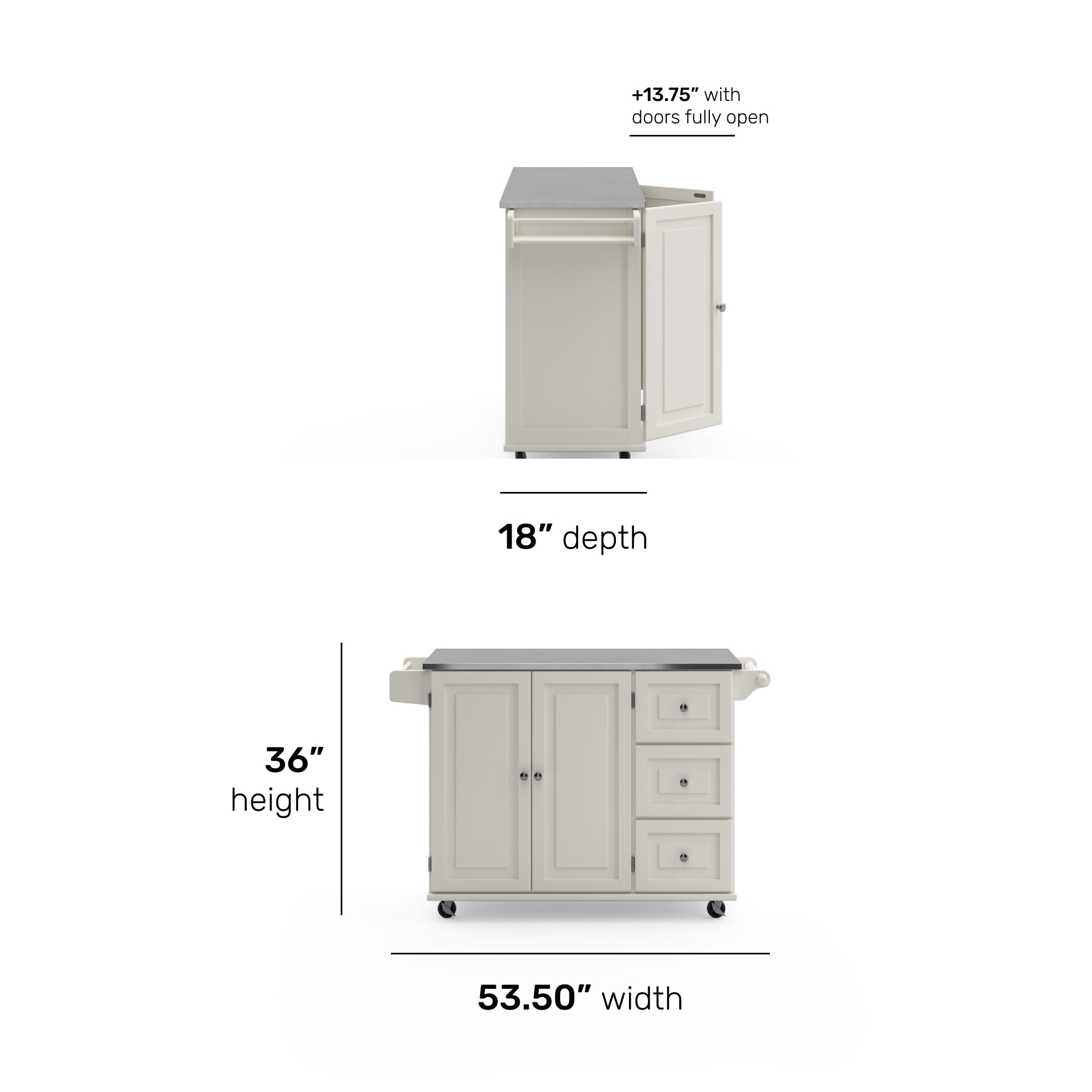 Homestyles Dolly Madison 54-Inch Rolling Kitchen Island with Storage & Towel Rack - Mobile Kitchen Cart for Small Spaces, Off White - Perfect for Apartments, Dorms & Compact Kitchens