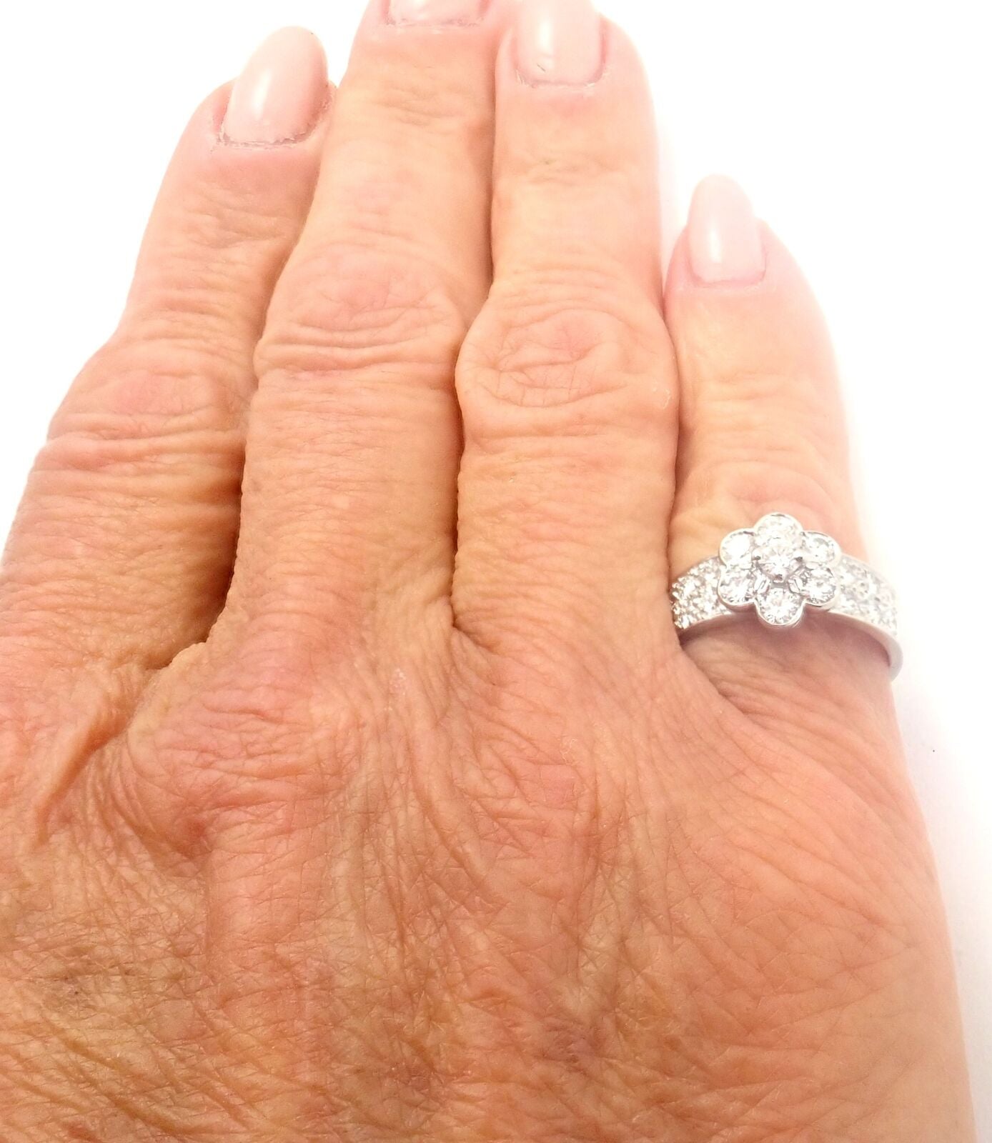 Authentic Van Cleef & Arpels Platinum Diamond Fleurette Flower Ring for Women - Luxury Jewelry Gift for Anniversary, Engagement & Special Occasions