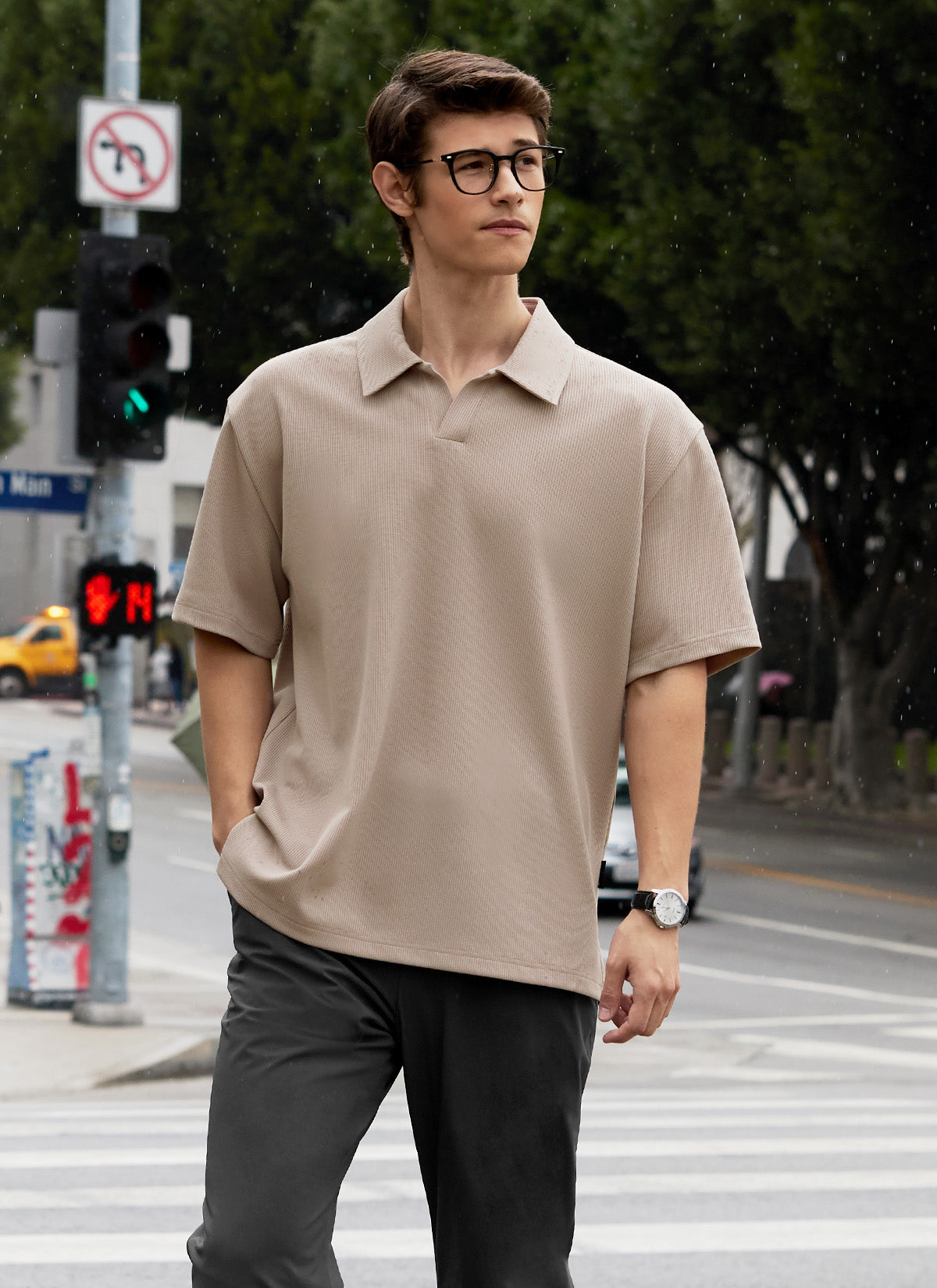 Waffle Texture Open Collar Men's Short Sleeve T-Shirt - Breathable Summer Casual Tee for Outdoor Activities and Daily Wear