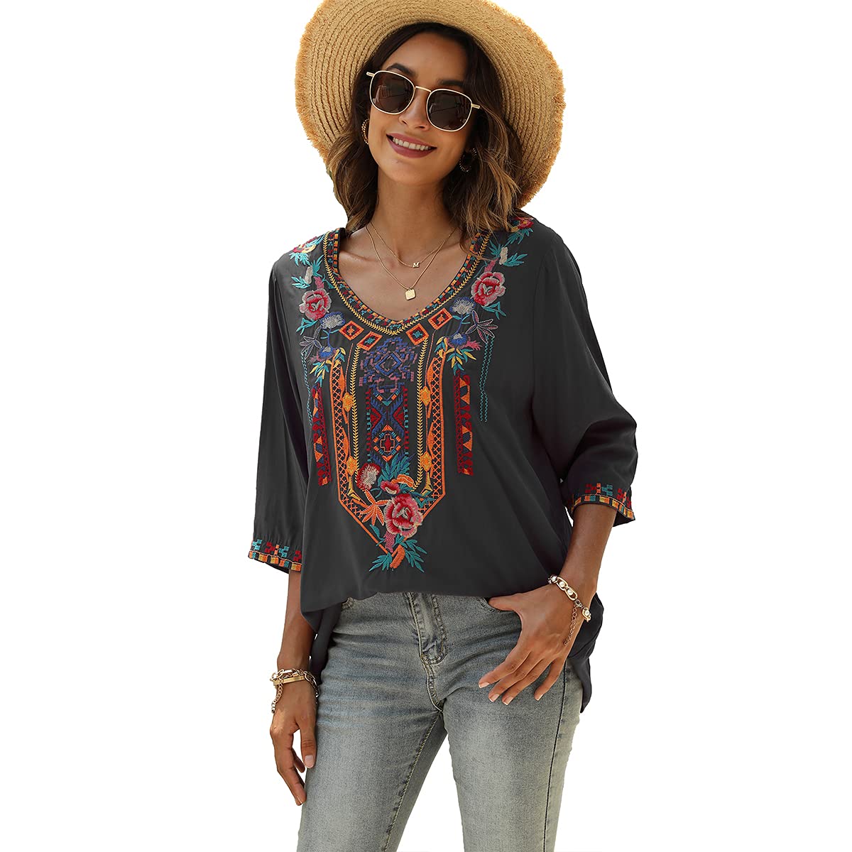 LauraKlein Women's Summer Boho Embroidery Mexican Bohemian Tops - V Neck 3/4 Sleeve Casual Loose Blouse Tunic for Beach, Festival & Vacation Outfits