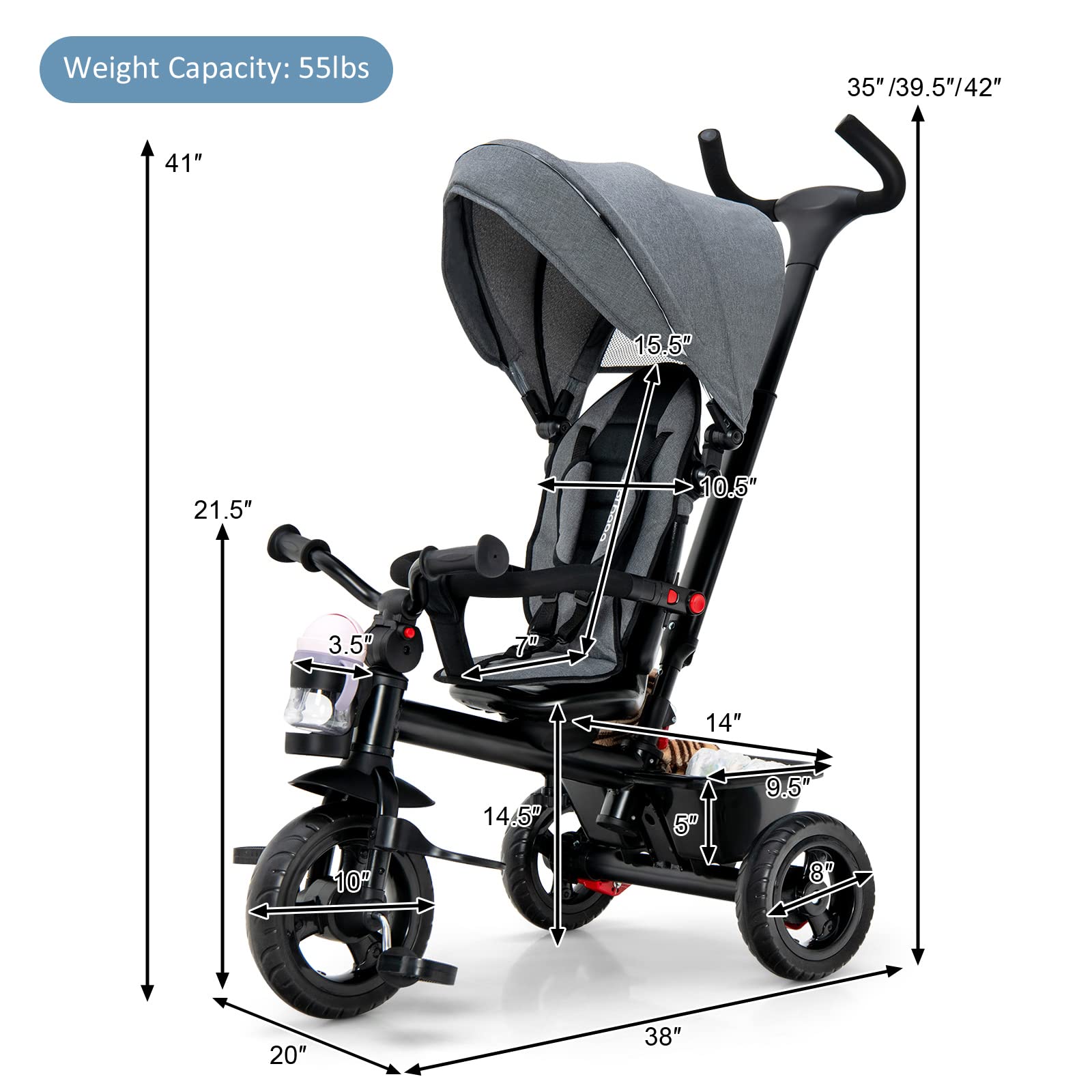 BABY JOY 5-in-1 Toddler Tricycle with Removable Push Handle, Reversible Seat & Adjustable Canopy - EVA Wheels, Cup Holder & Storage - Perfect First Bike for Kids 1.5-5 Years Old (Grey) - Great for Outdoor Play, Park Rides & Learning Balance