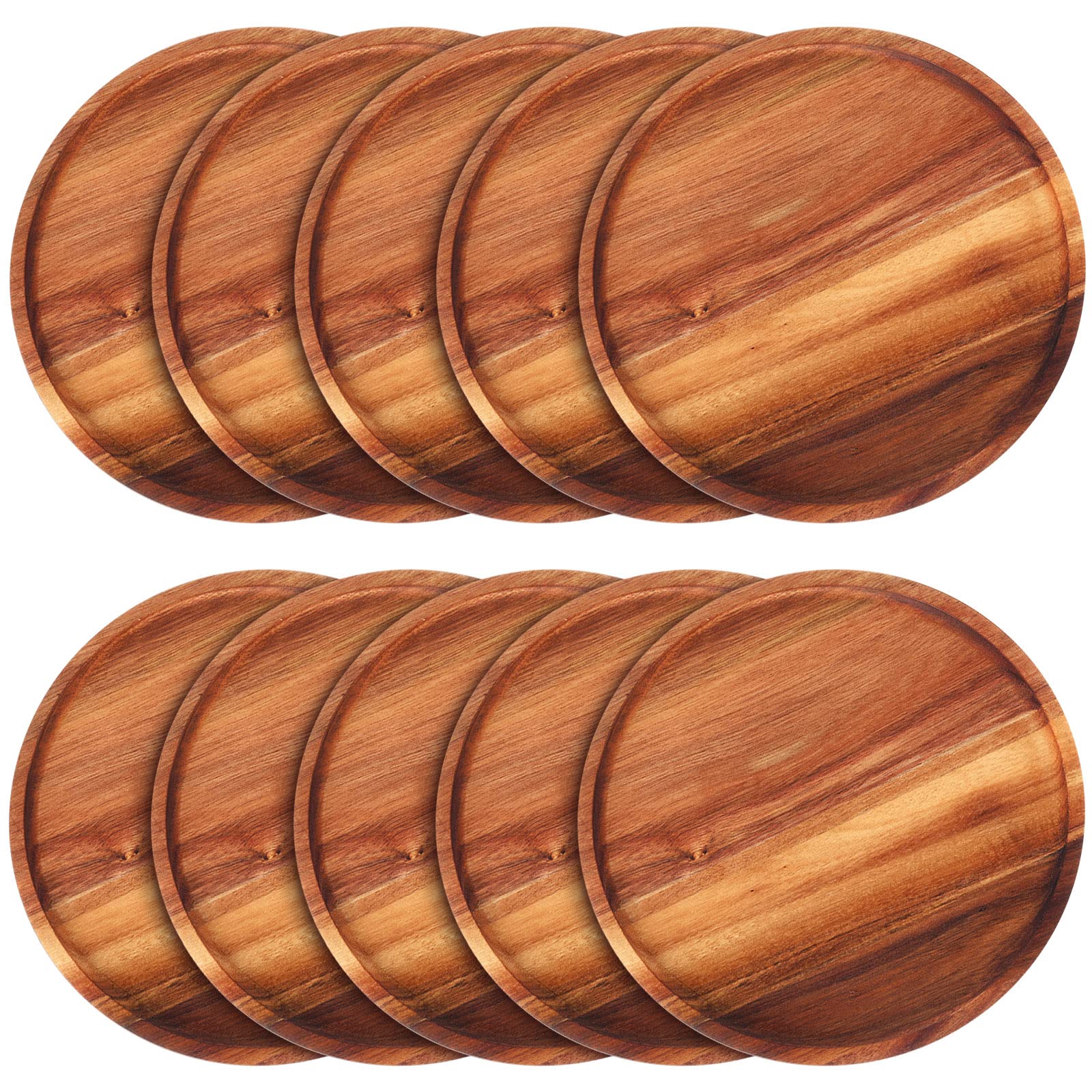 10-Piece Acacia Wood Round Charger Plates Set - 12 Inch Natural Wooden Dinner Plates, Lightweight Serving Trays for Dishes, Snacks & Desserts - Easy to Clean, Bulk Wood Platters for Parties, Weddings & Home Decor