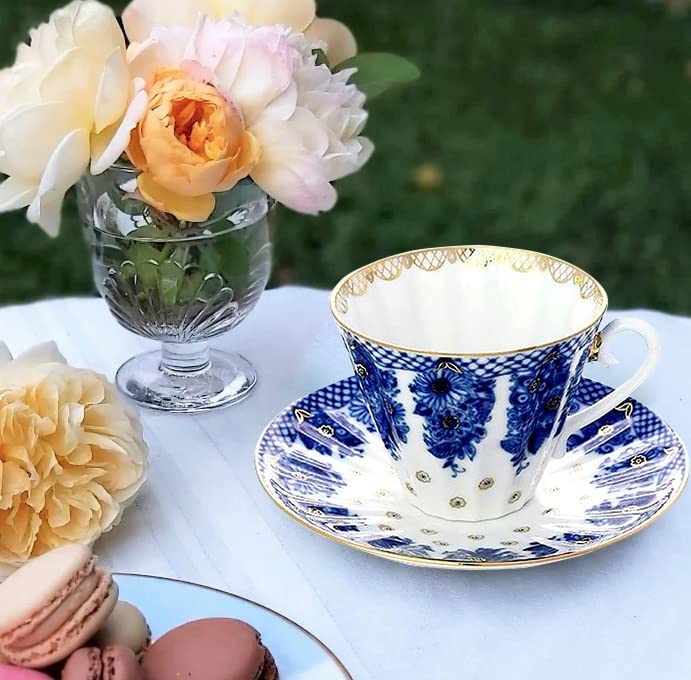 Premium Lomonosov Porcelain Tea Cup and Saucer Set - Elegant Radiant Basket Design - 2-Piece Set (7.95 oz/235 ml) - Perfect for Afternoon Tea, Bridal Showers & Luxury Gift Giving