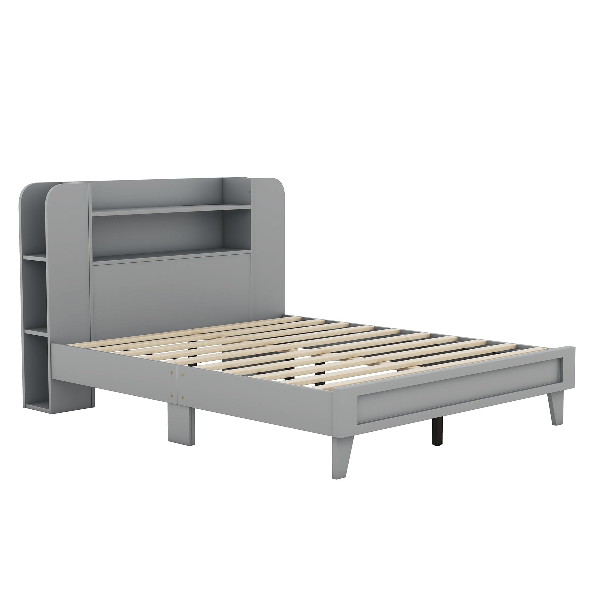 Full Size Wooden Platform Bed Frame with Storage Headboard & Shelves - Grey Kids Bed for Boys & Girls - Perfect for Small Bedrooms, Dorm Rooms & Space-Saving Storage Solutions