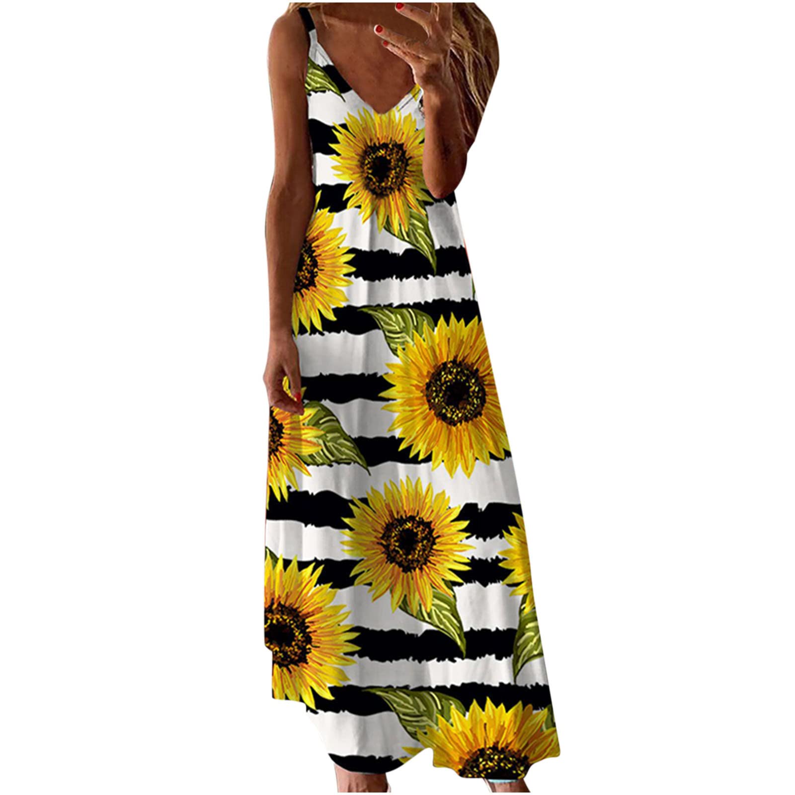 Maxi Summer Women's Dress - Floral Print Spaghetti Strap V-Neck Cami Sundress, Sleeveless Boho Beach Dress for Vacation, Pool Party & Casual Outings