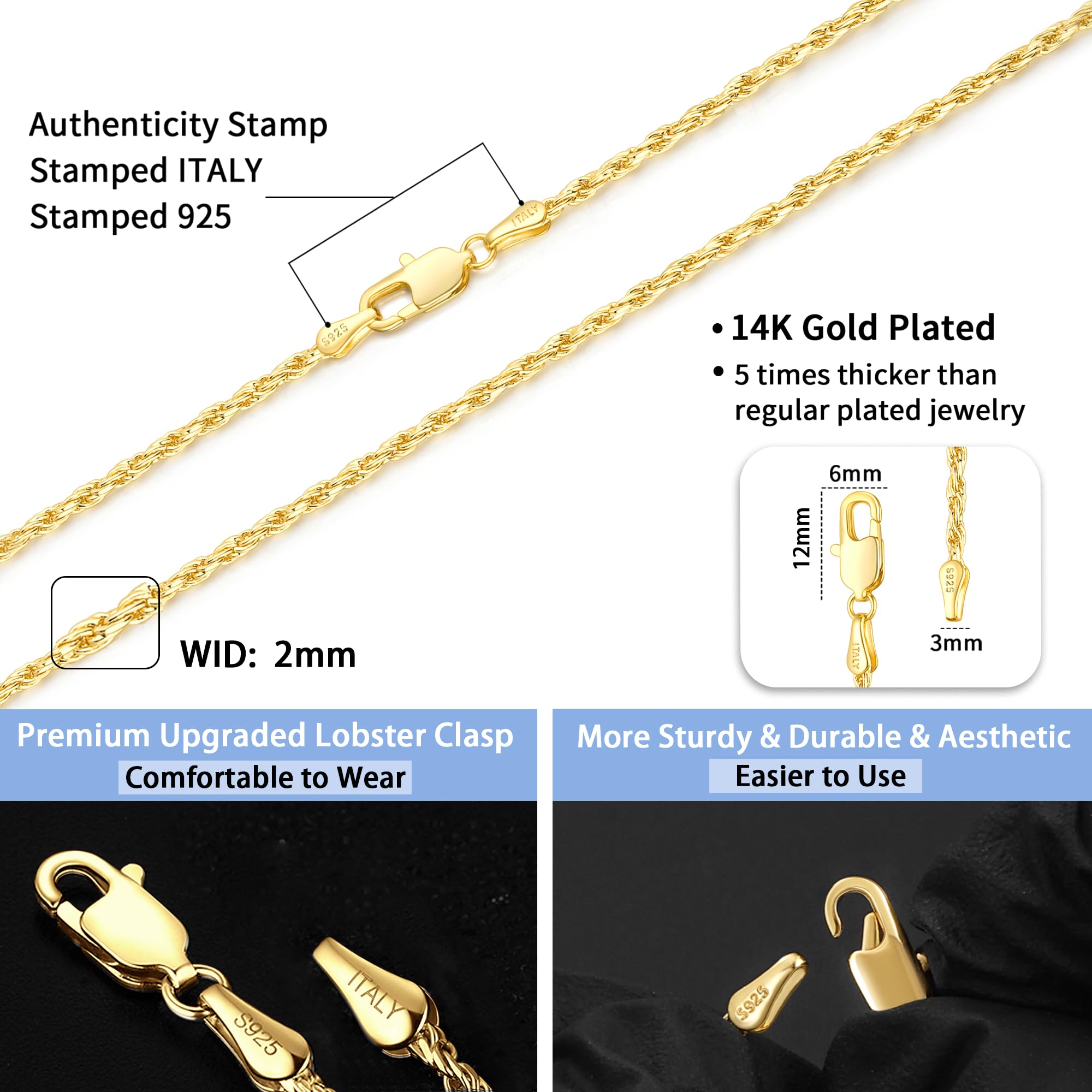 Jewlpire Italian 2mm Rope Chain Necklace - 925 Sterling Silver & 14K Gold Plated for Women & Men | 16-26 Inch | Perfect for Layering, Gifts & Everyday Wear