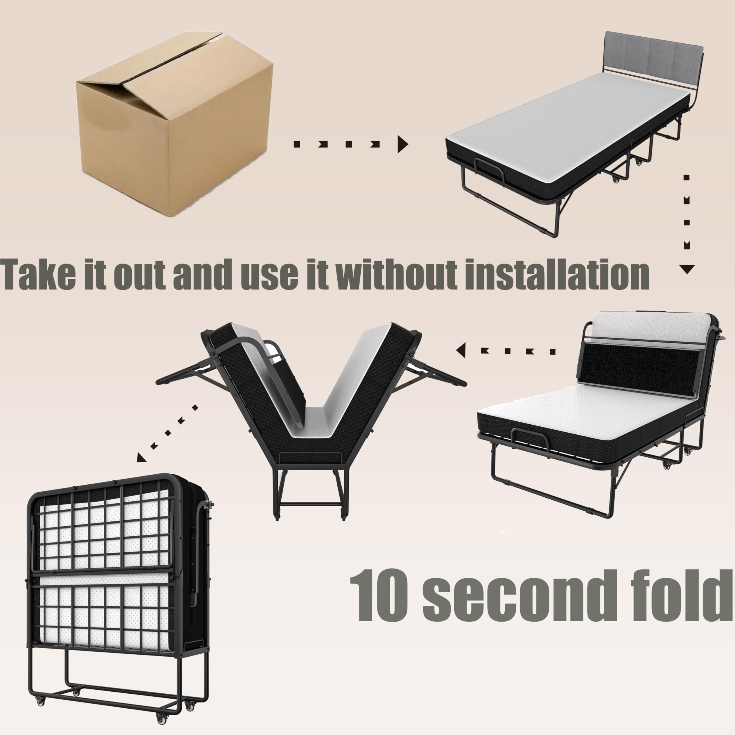 75 x 39 Inch Folding Bed with Headboard - Twin Size Portable Bed Frame with 5